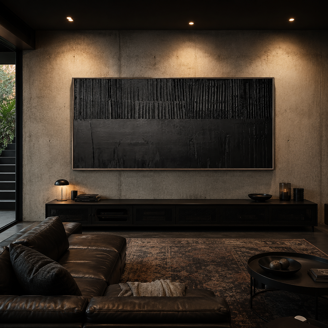 “Noir Structure” – Black Textured Abstract Oil Painting