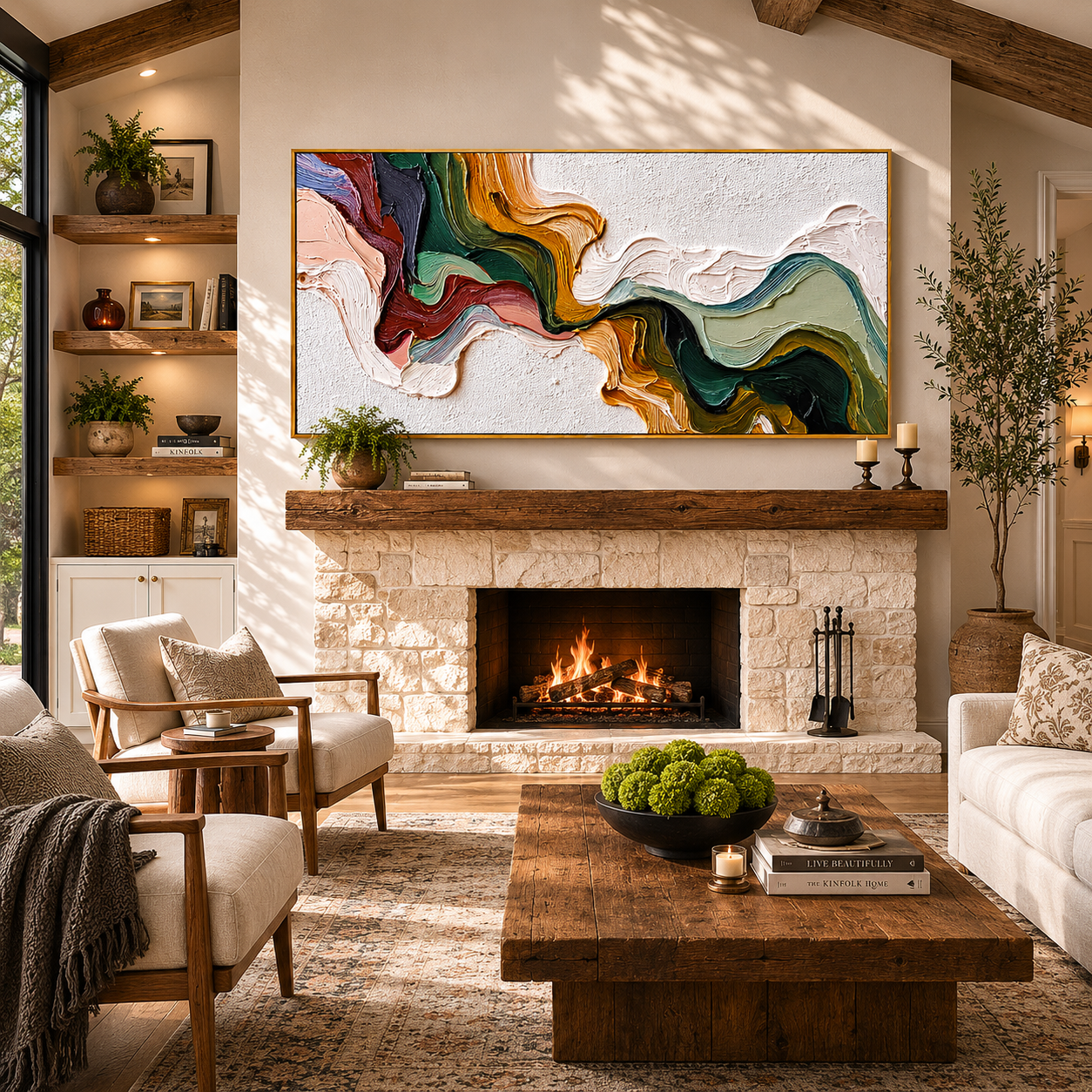 “Earthen Current” – Textured Abstract Impasto Painting in Olive Green and Ochre