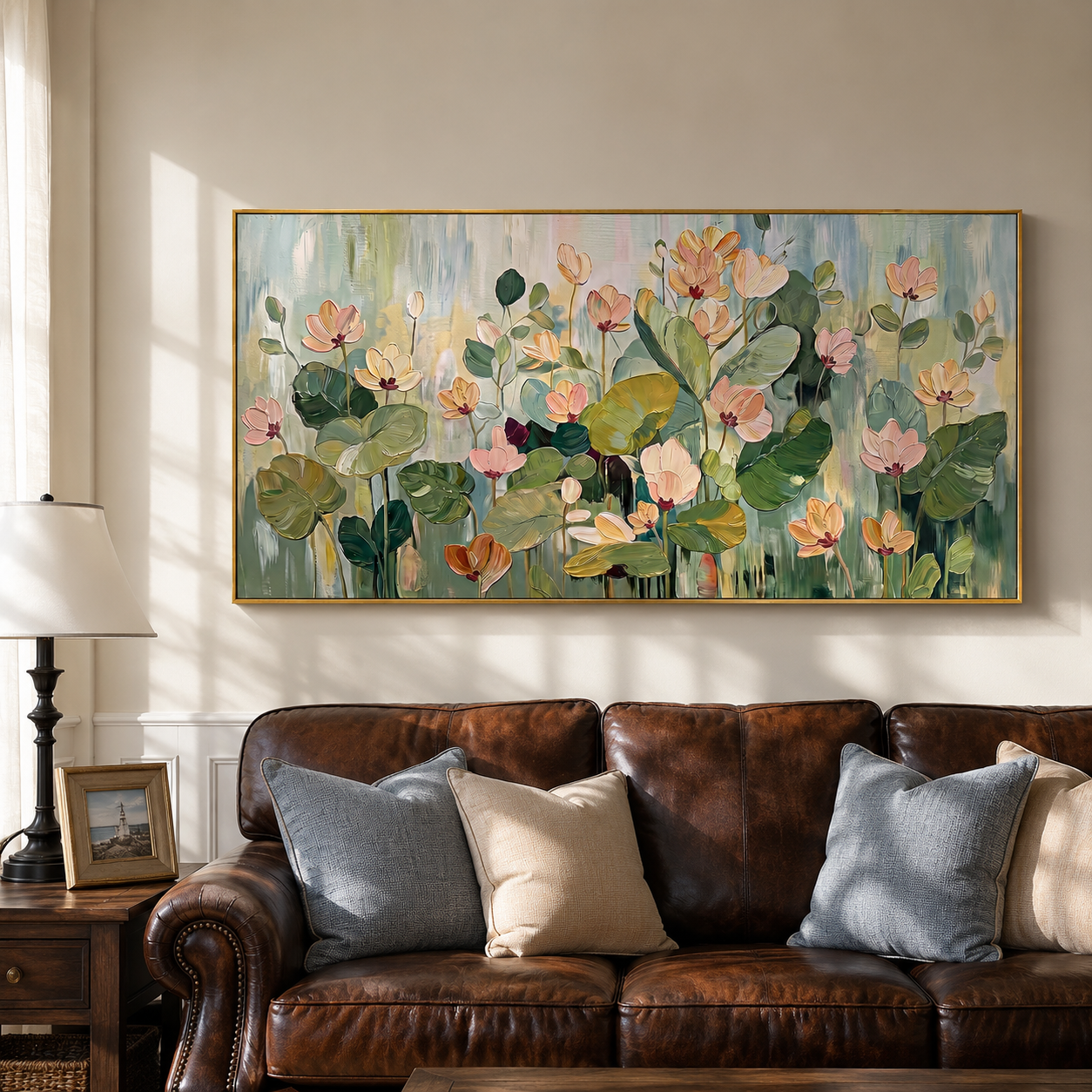 “Garden in the Morning Mist” – Soft Green Floral Panoramic Hand-Painted Canvas Art