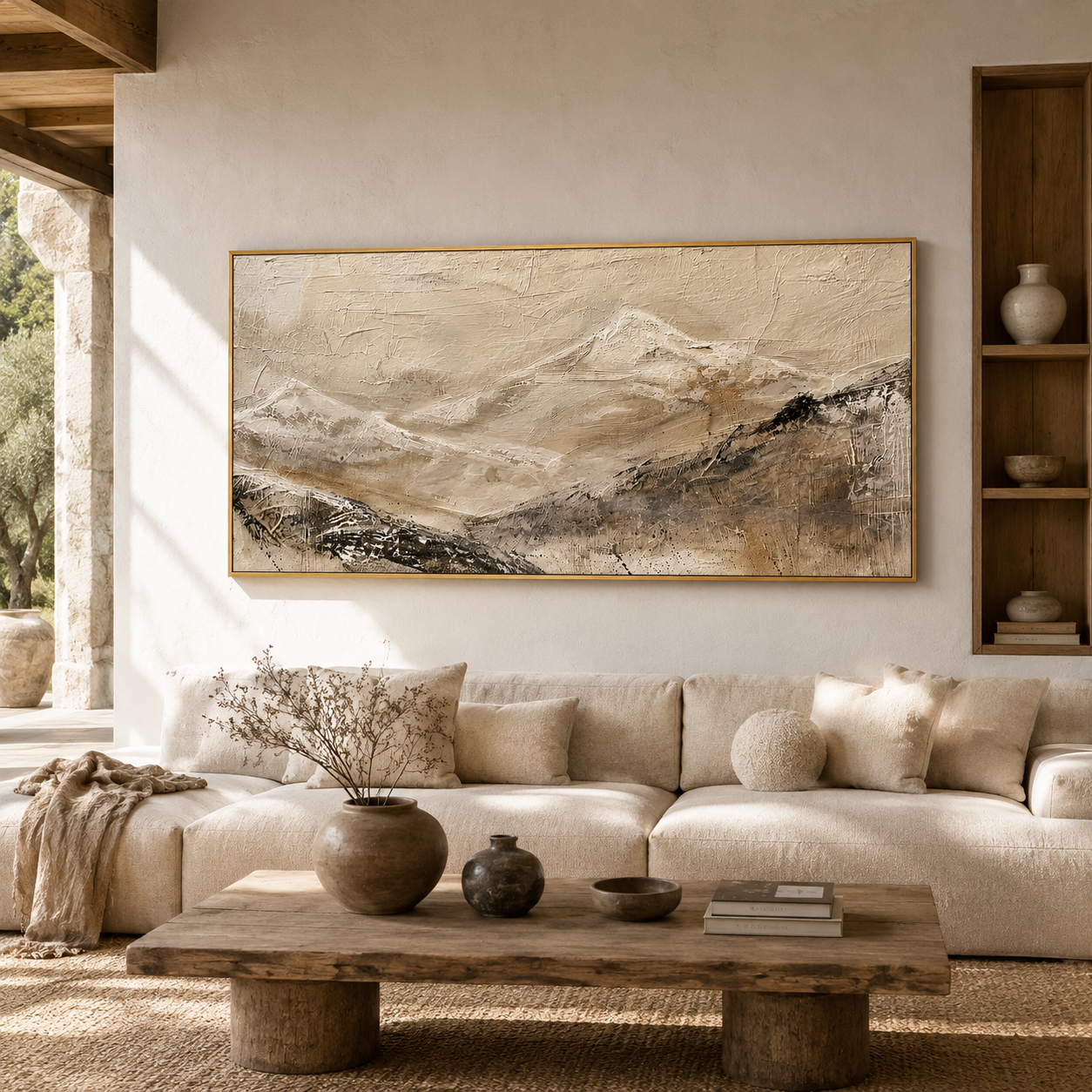 “Silent Mountain Trace” – Wabi-Sabi Beige Abstract Landscape Hand-Painted Canvas Art