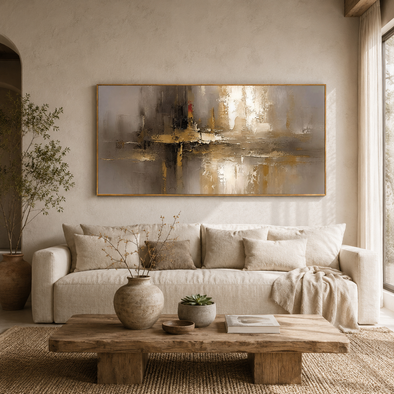 “Golden Silence” – Modern Taupe Gold Abstract Panoramic Hand-Painted Canvas Art