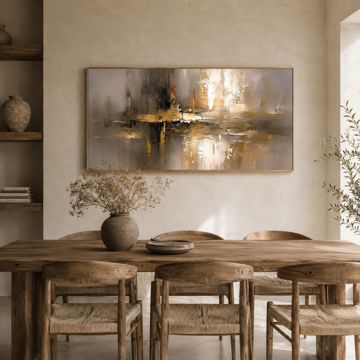 “Golden Silence” – Modern Taupe Gold Abstract Panoramic Hand-Painted Canvas Art