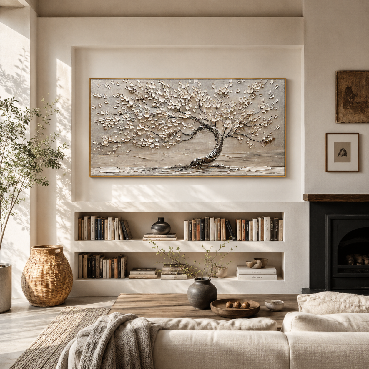 “Whispering Branches” – Wabi-Sabi Beige Tree Panoramic Hand-Painted Canvas Art