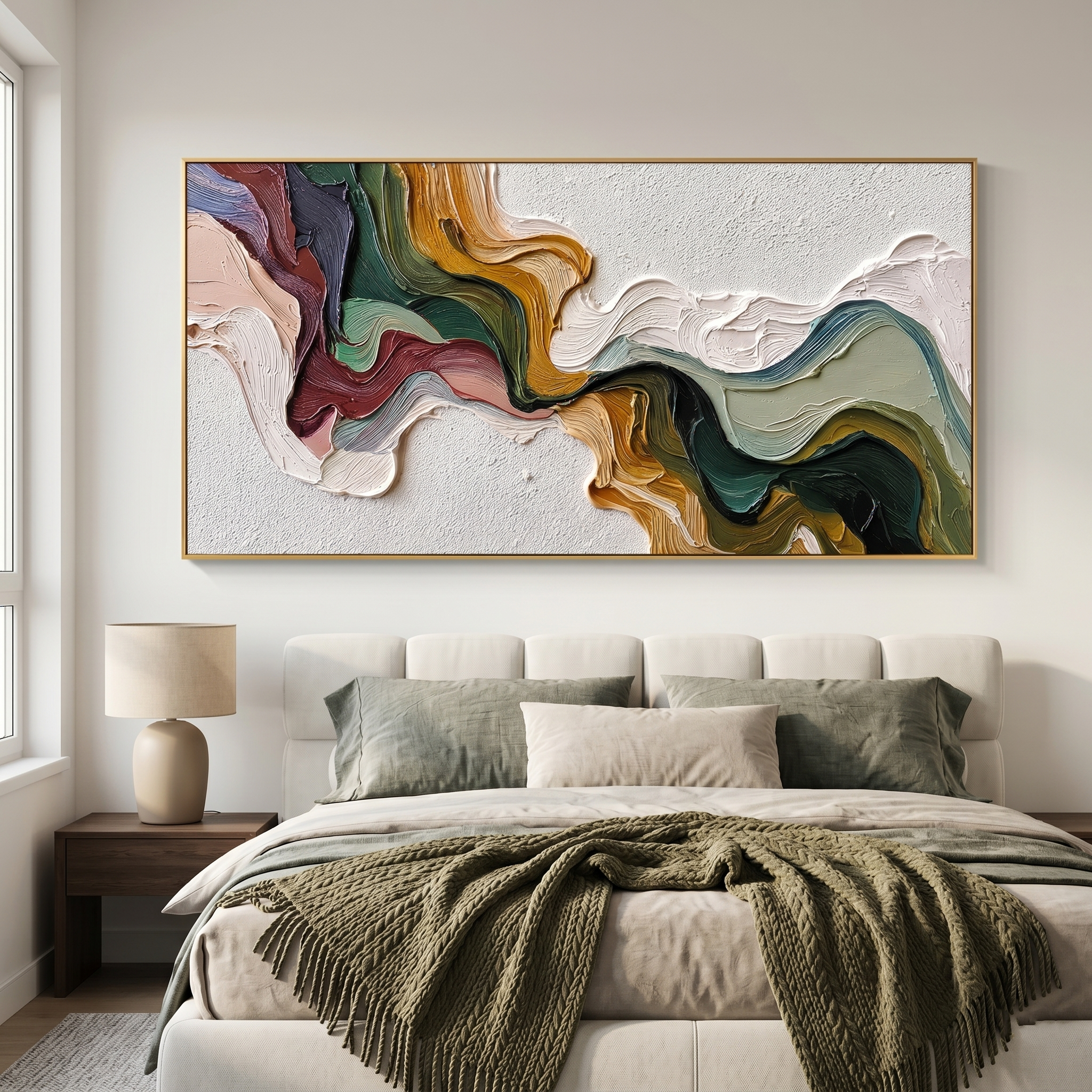 “Earthen Current” – Textured Abstract Impasto Painting in Olive Green and Ochre