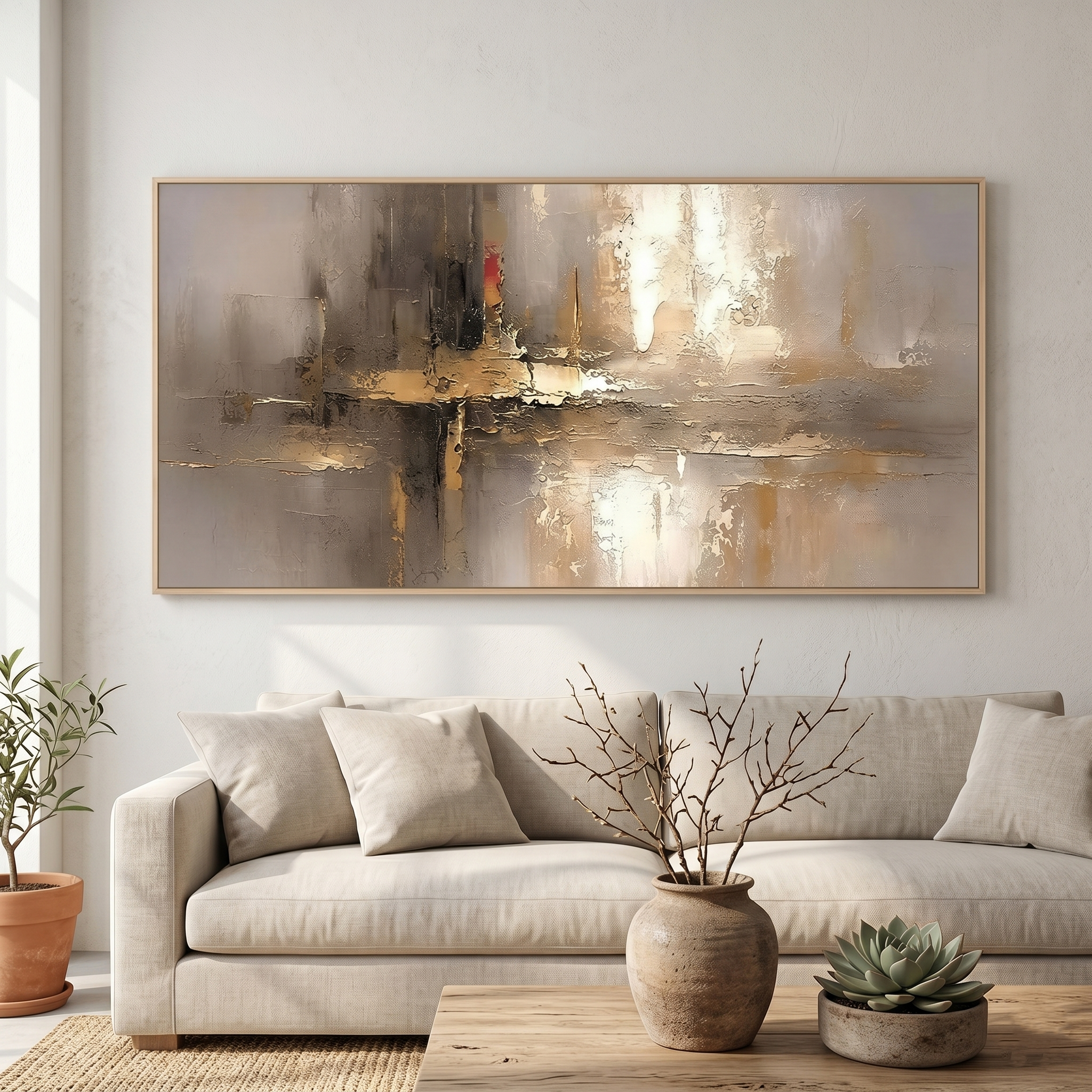 “Golden Silence” – Modern Taupe Gold Abstract Panoramic Hand-Painted Canvas Art