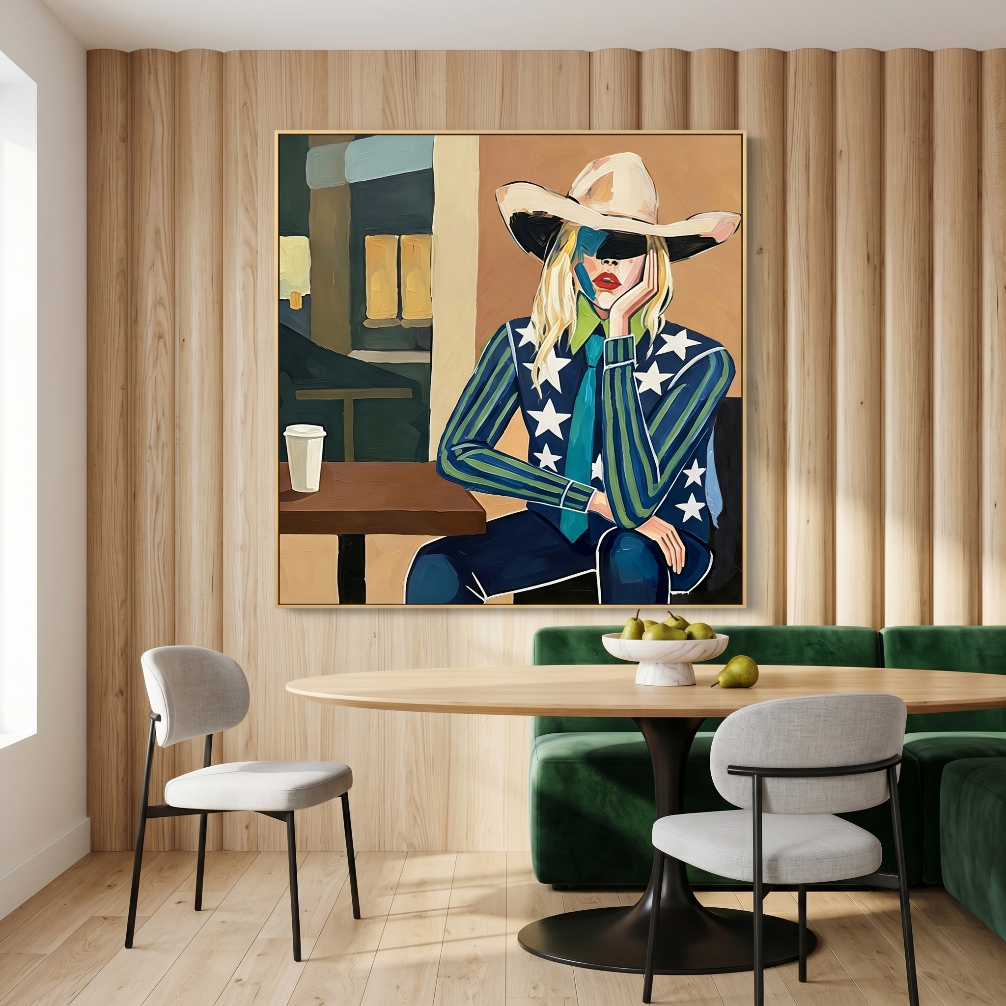 "Urban Cowgirl Muse" – Modern Western Woman Oil Painting in Navy and Teal