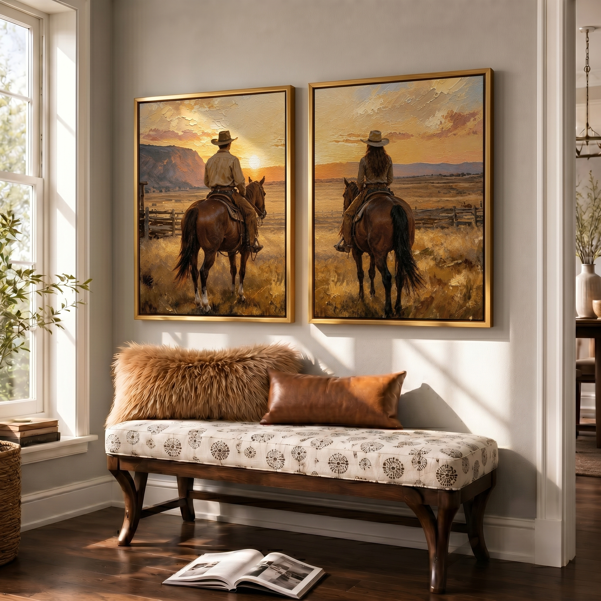 "Golden Horizon Companions" – Western Cowboy & Cowgirl Sunset Diptych Oil Painting