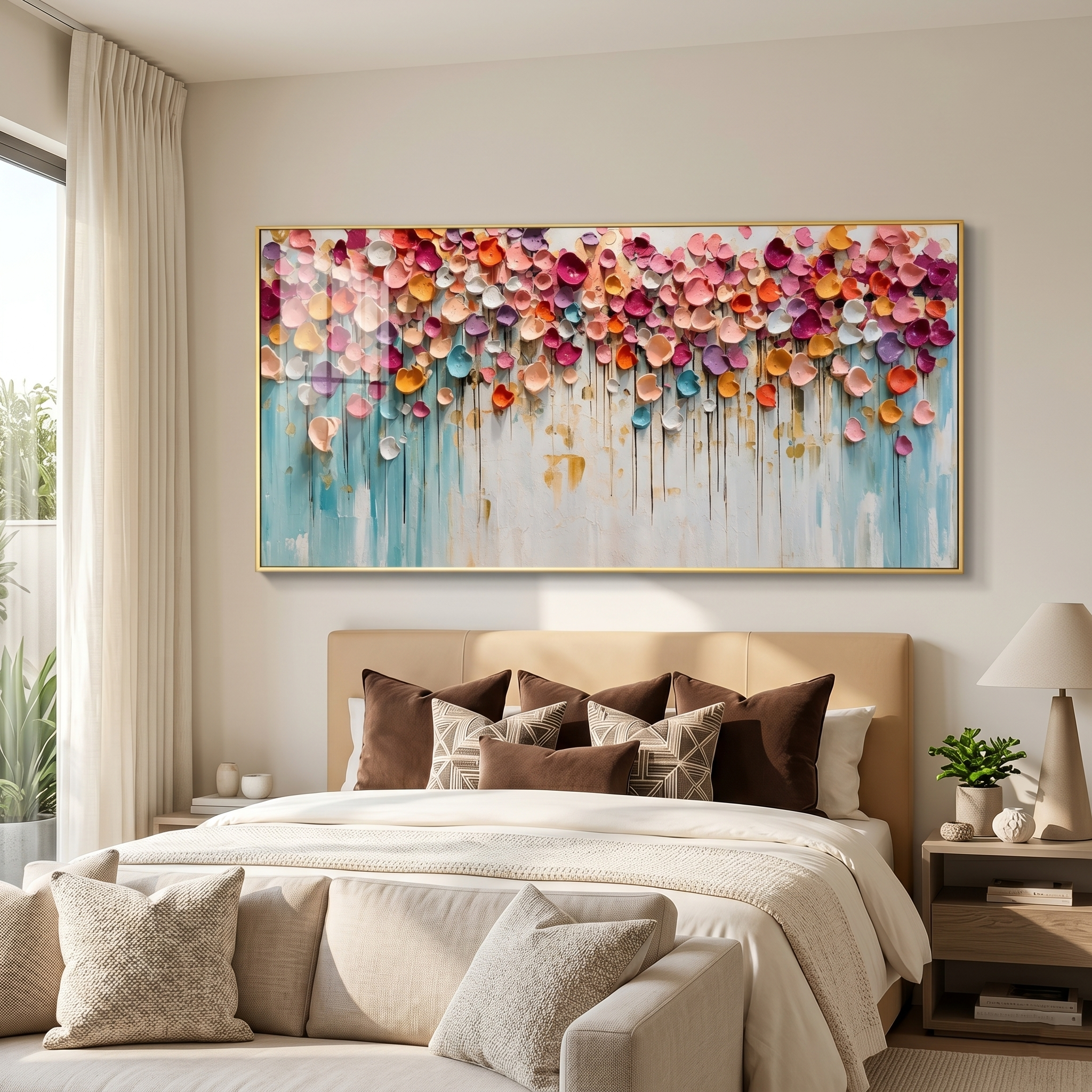 “Petals of Celebration” – Colorful Impasto Floral Panoramic Hand-Painted Canvas Art
