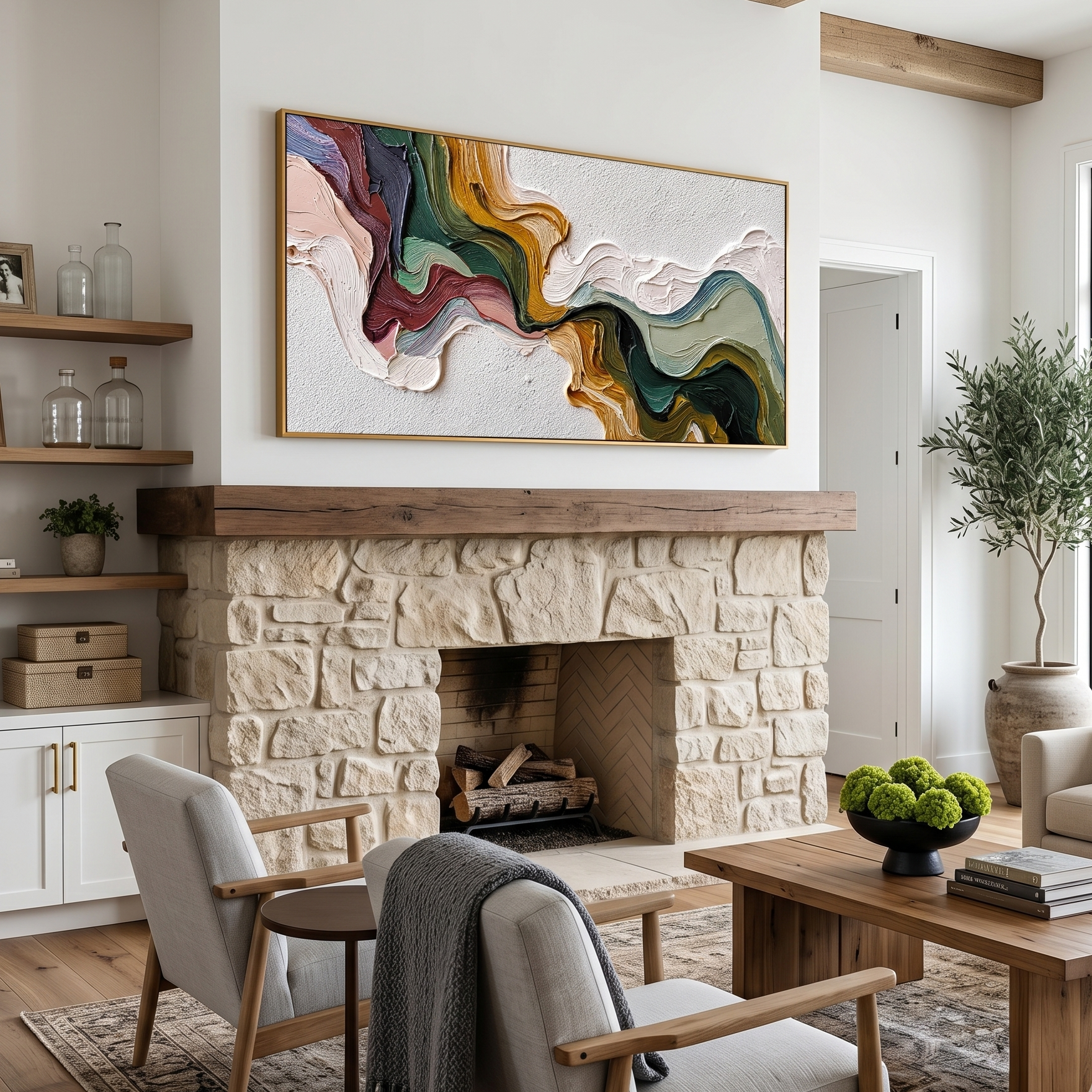 “Earthen Current” – Textured Abstract Impasto Painting in Olive Green and Ochre