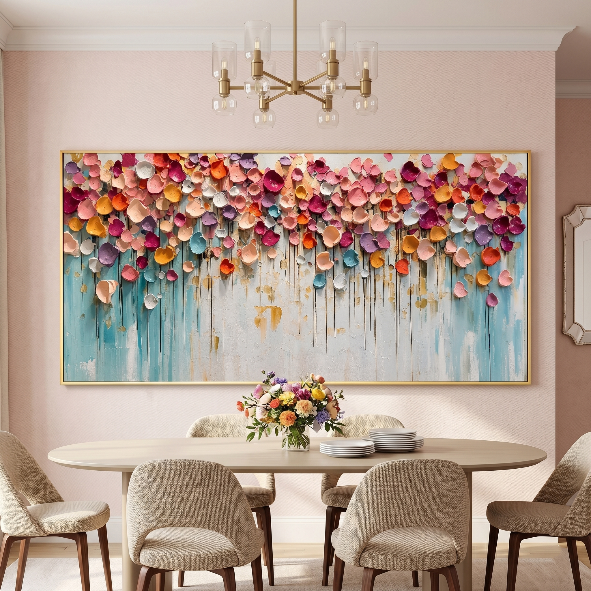 “Petals of Celebration” – Colorful Impasto Floral Panoramic Hand-Painted Canvas Art