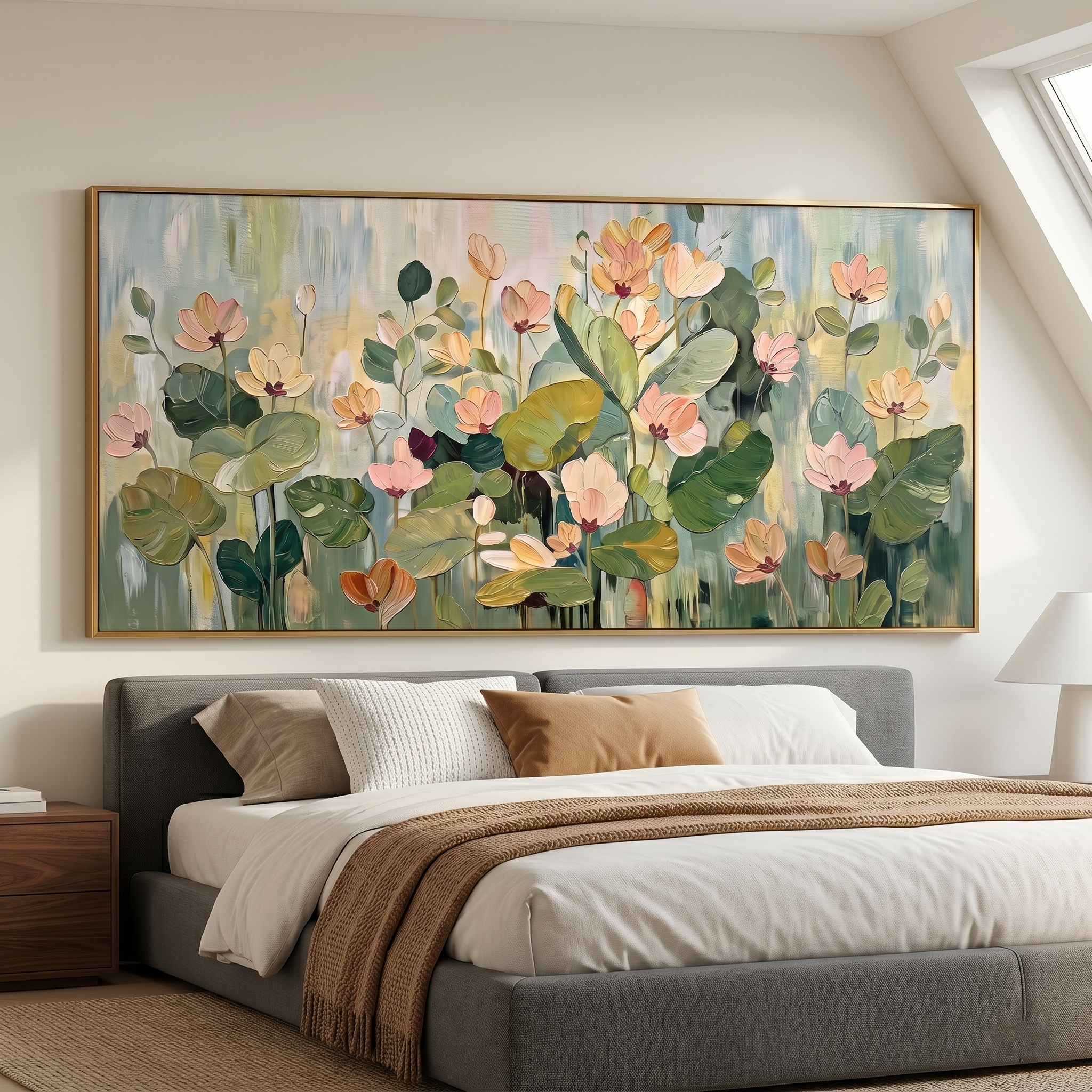 “Garden in the Morning Mist” – Soft Green Floral Panoramic Hand-Painted Canvas Art