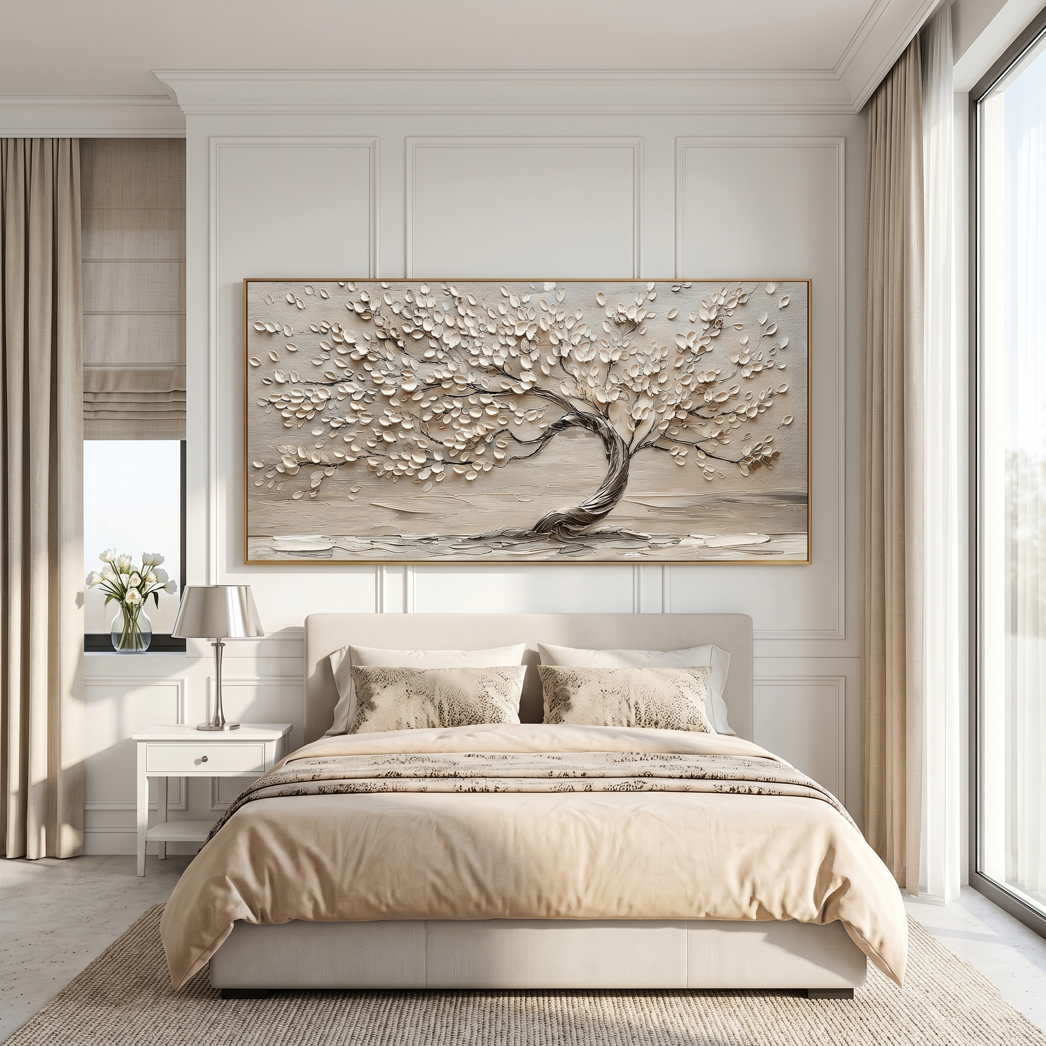 “Whispering Branches” – Wabi-Sabi Beige Tree Panoramic Hand-Painted Canvas Art