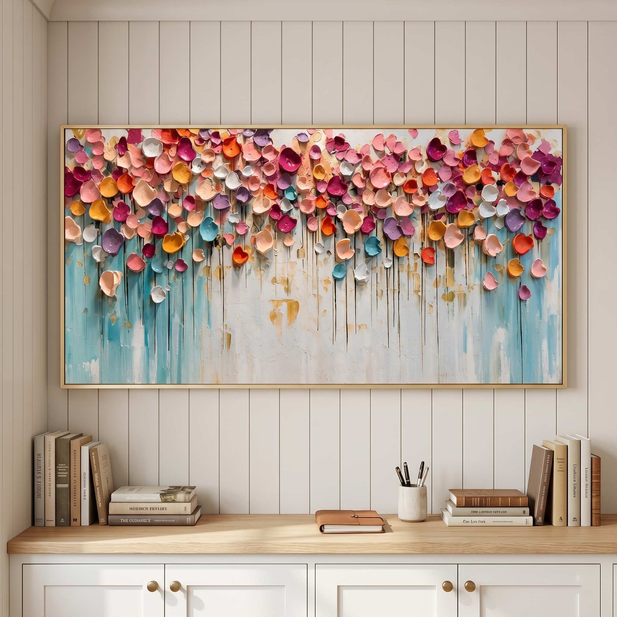 “Petals of Celebration” – Colorful Impasto Floral Panoramic Hand-Painted Canvas Art