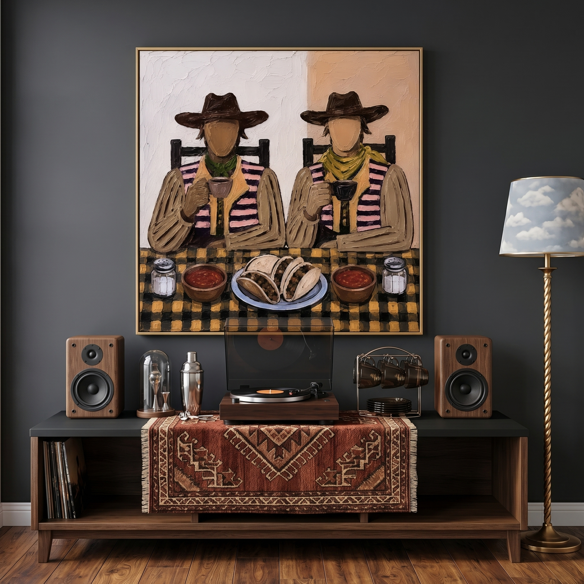 "Taco Companions" – Vintage Western Dining Textured Oil Painting