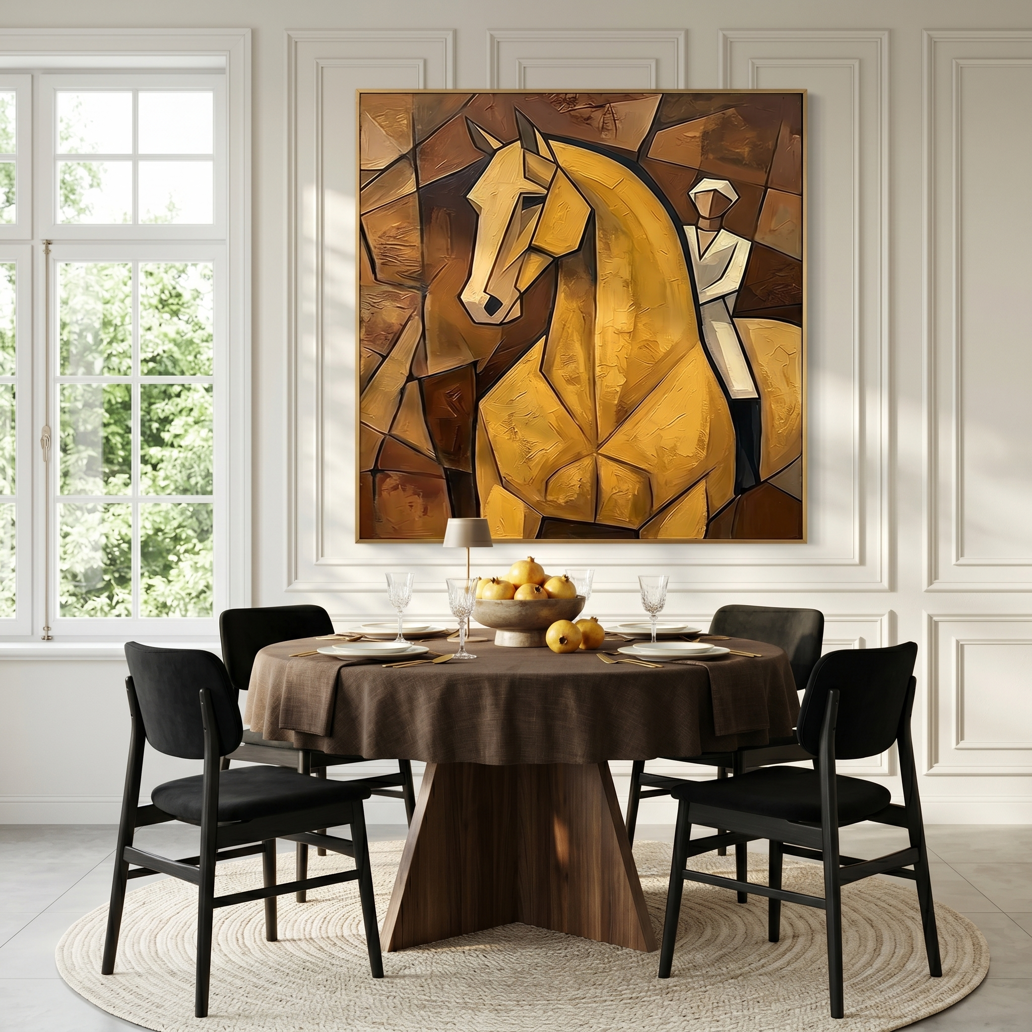 "Golden Equestrian" – Cubist Horse Rider Oil Painting in Warm Brown Tones