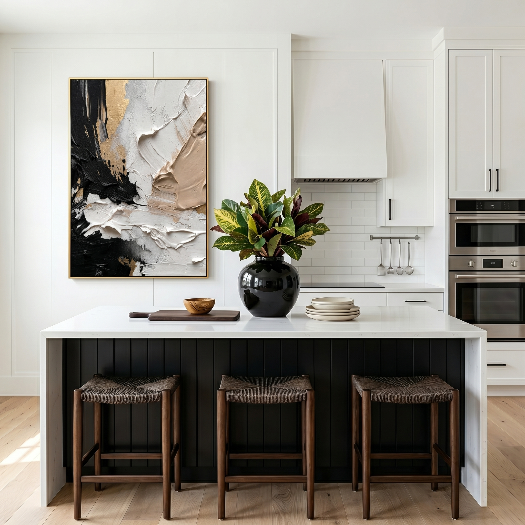 "Gilded Contrast" – Black White Gold Textured Abstract Painting