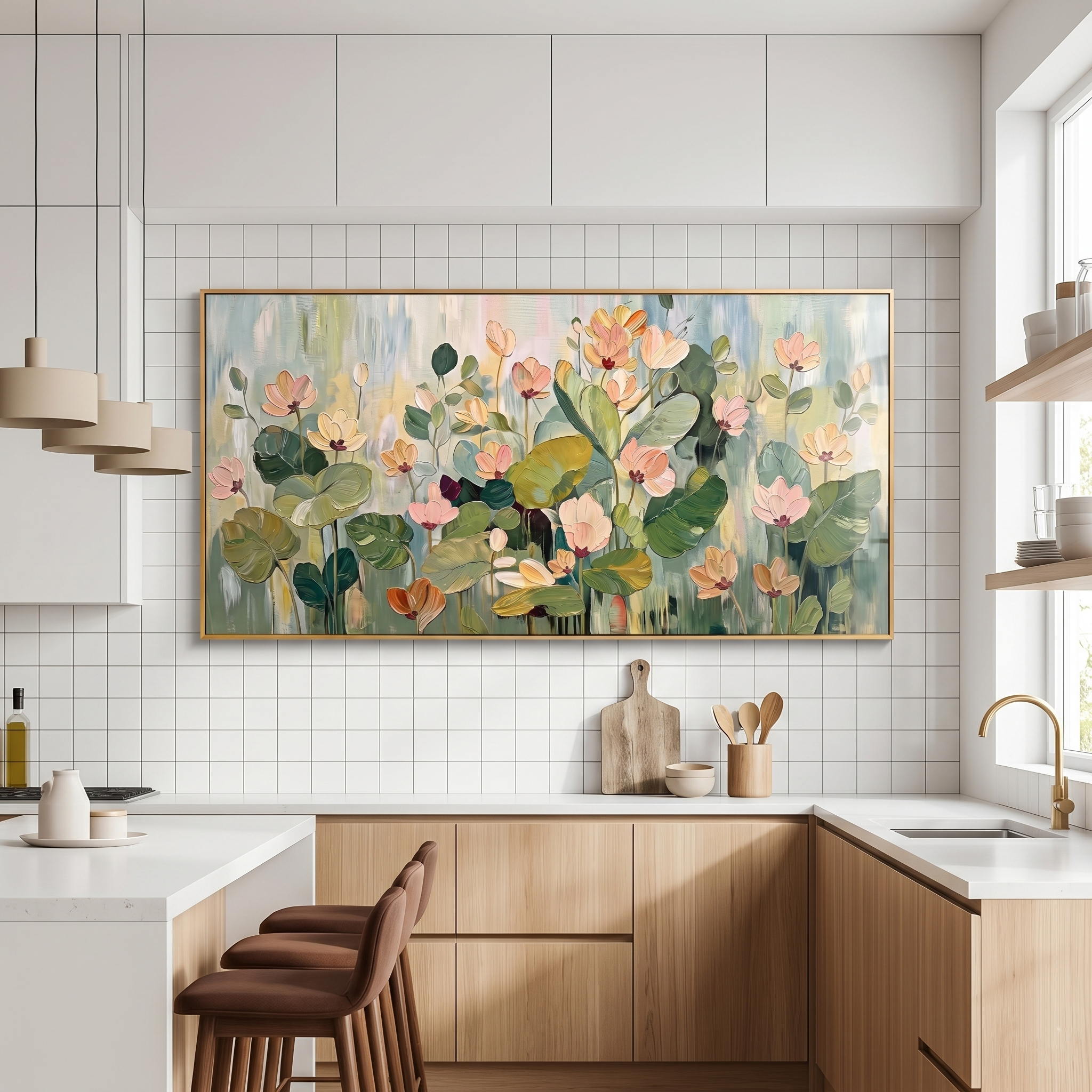 “Garden in the Morning Mist” – Soft Green Floral Panoramic Hand-Painted Canvas Art