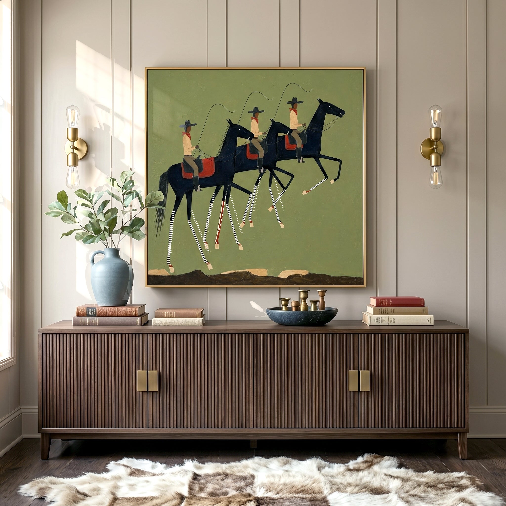 "Riders in Rhythm" – Western Cowboy Horse Parade Oil Painting in Olive Green