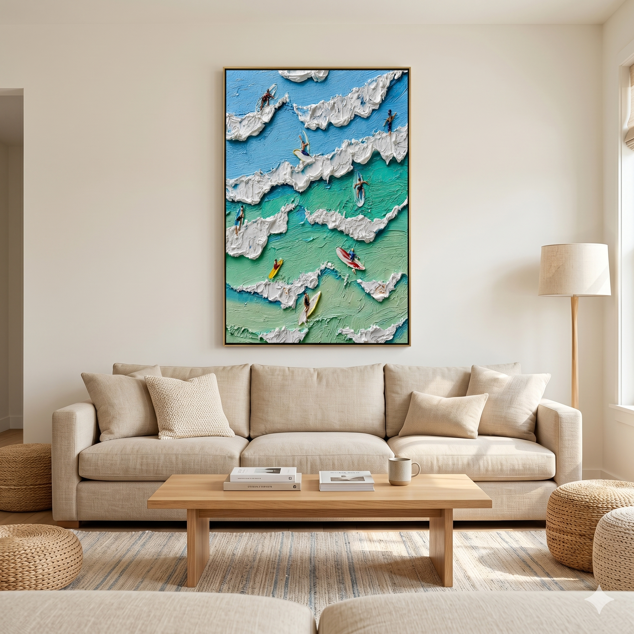 “Surfing the Summer Tide” – Coastal Surfer Impasto Oil Painting
