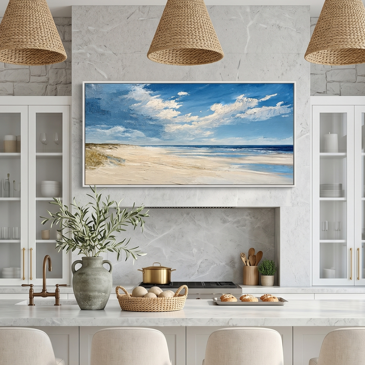 “Coastal Serenity” – Blue Sky Beach Landscape Oil Painting