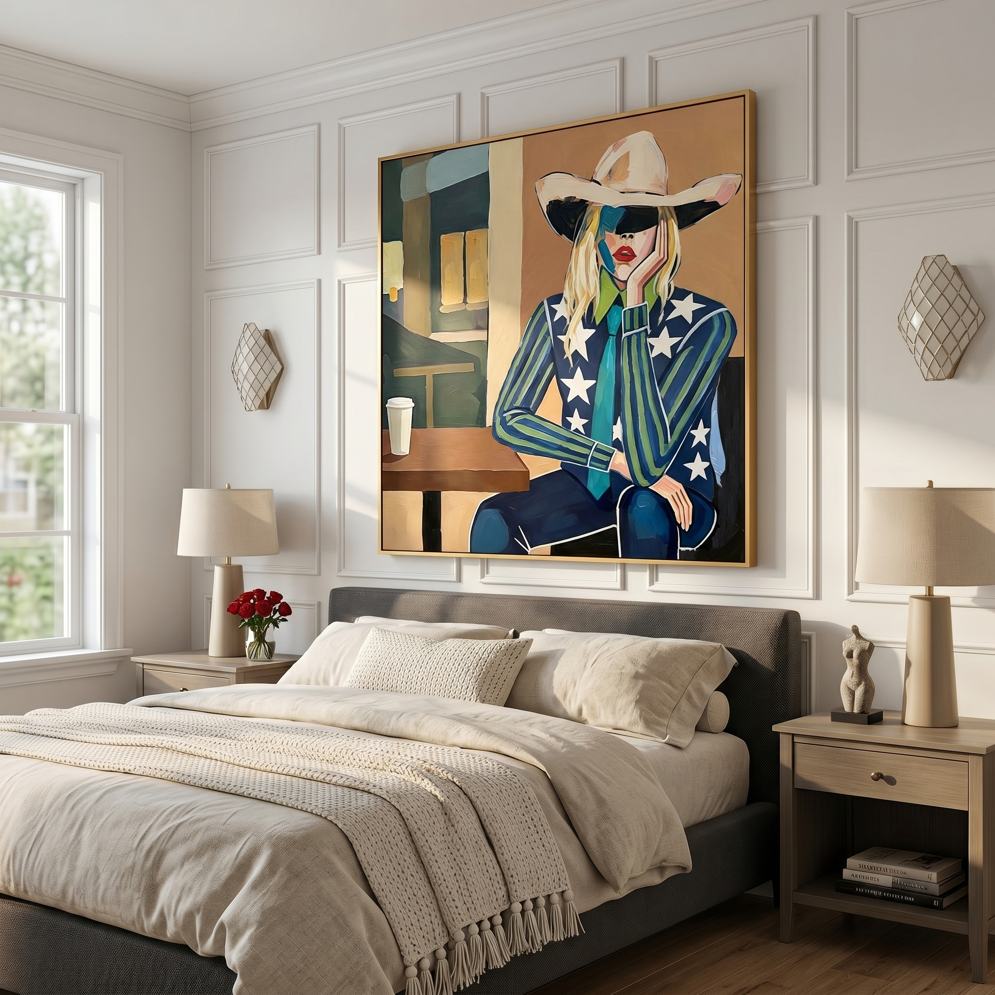 "Urban Cowgirl Muse" – Modern Western Woman Oil Painting in Navy and Teal