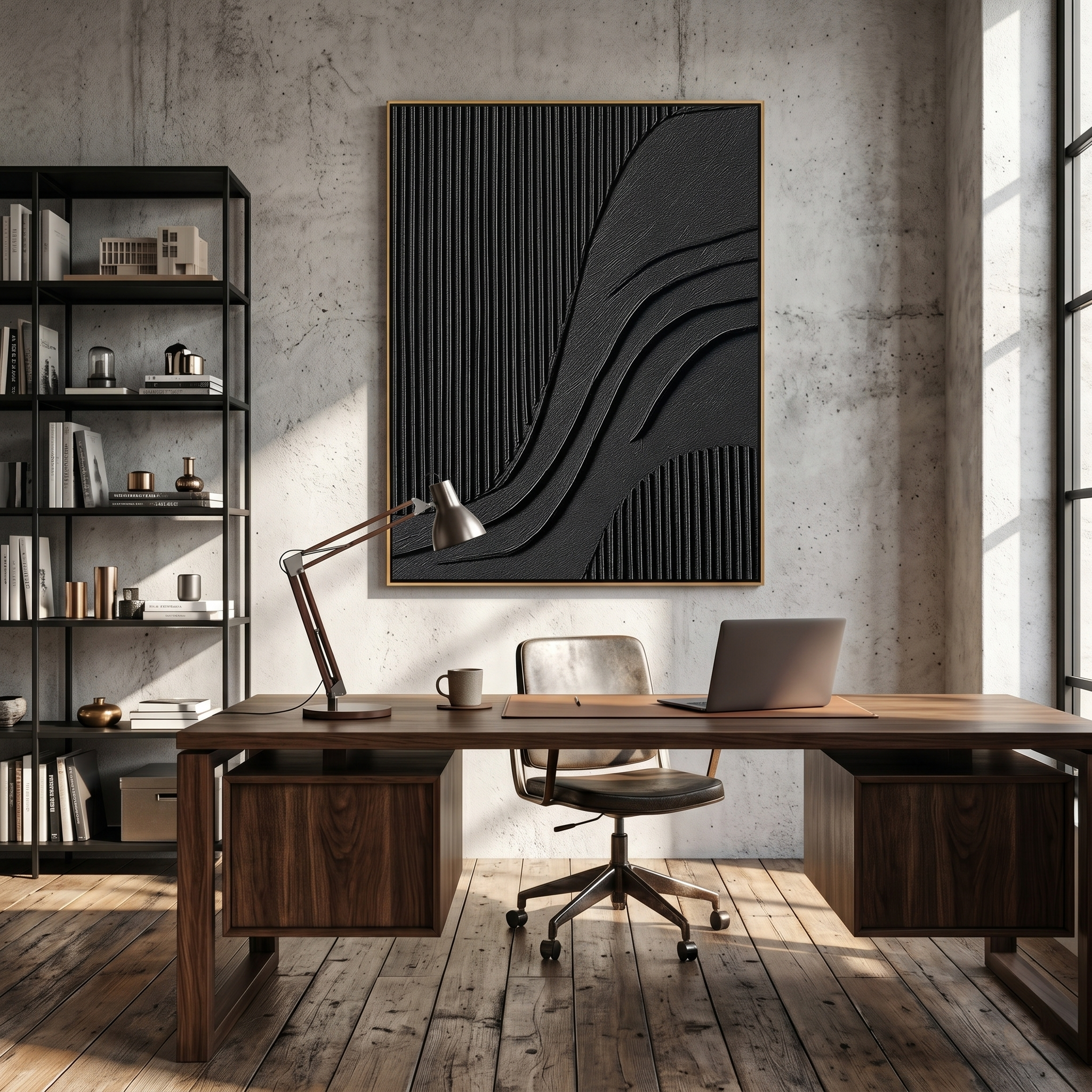"Noir Rhythm" – Black Geometric Textured Abstract Painting