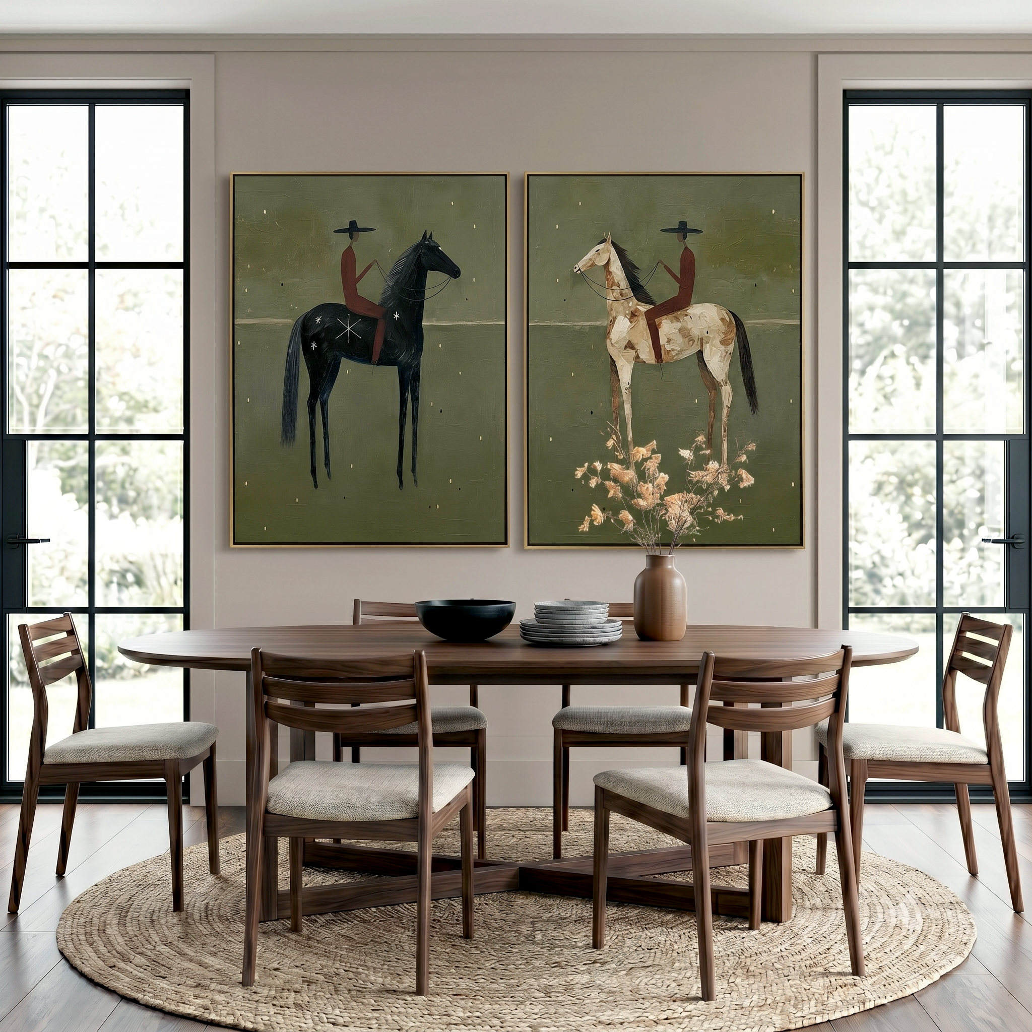 "Twilight Riders of the Frontier" – Western Desert Diptych Oil Painting Set