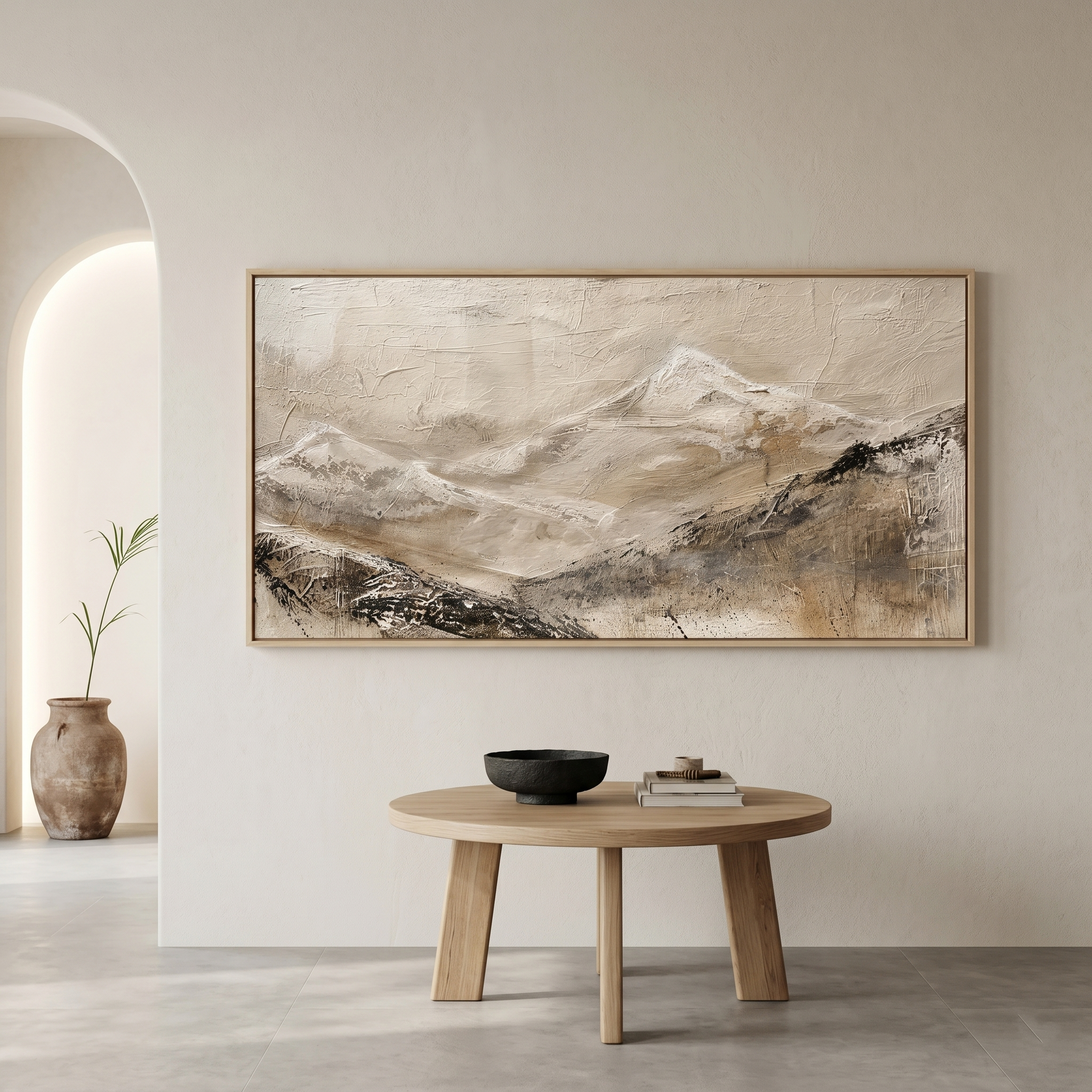 “Silent Mountain Trace” – Wabi-Sabi Beige Abstract Landscape Hand-Painted Canvas Art