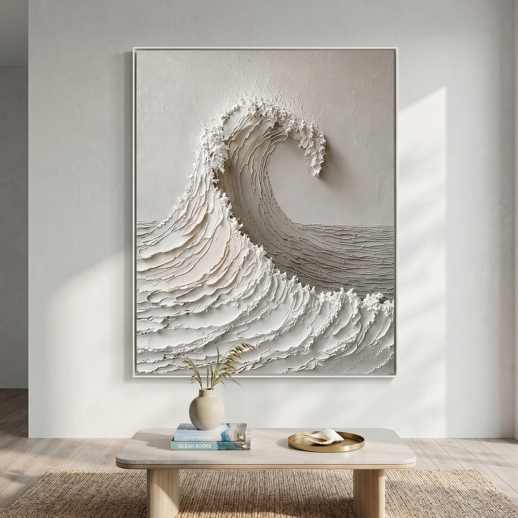 "White Tide Stillness" – Wabi Sabi Wave Textured Oil Painting