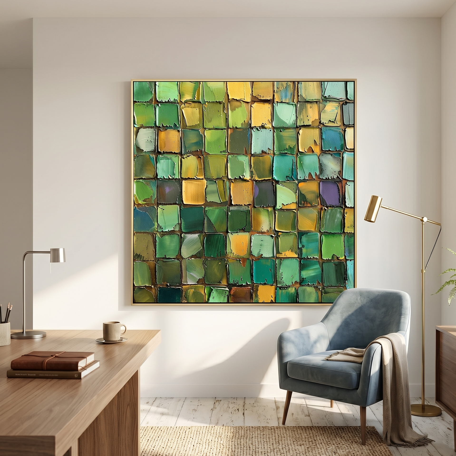 "Verdant Mosaic" – Green Gold Textured Abstract Painting