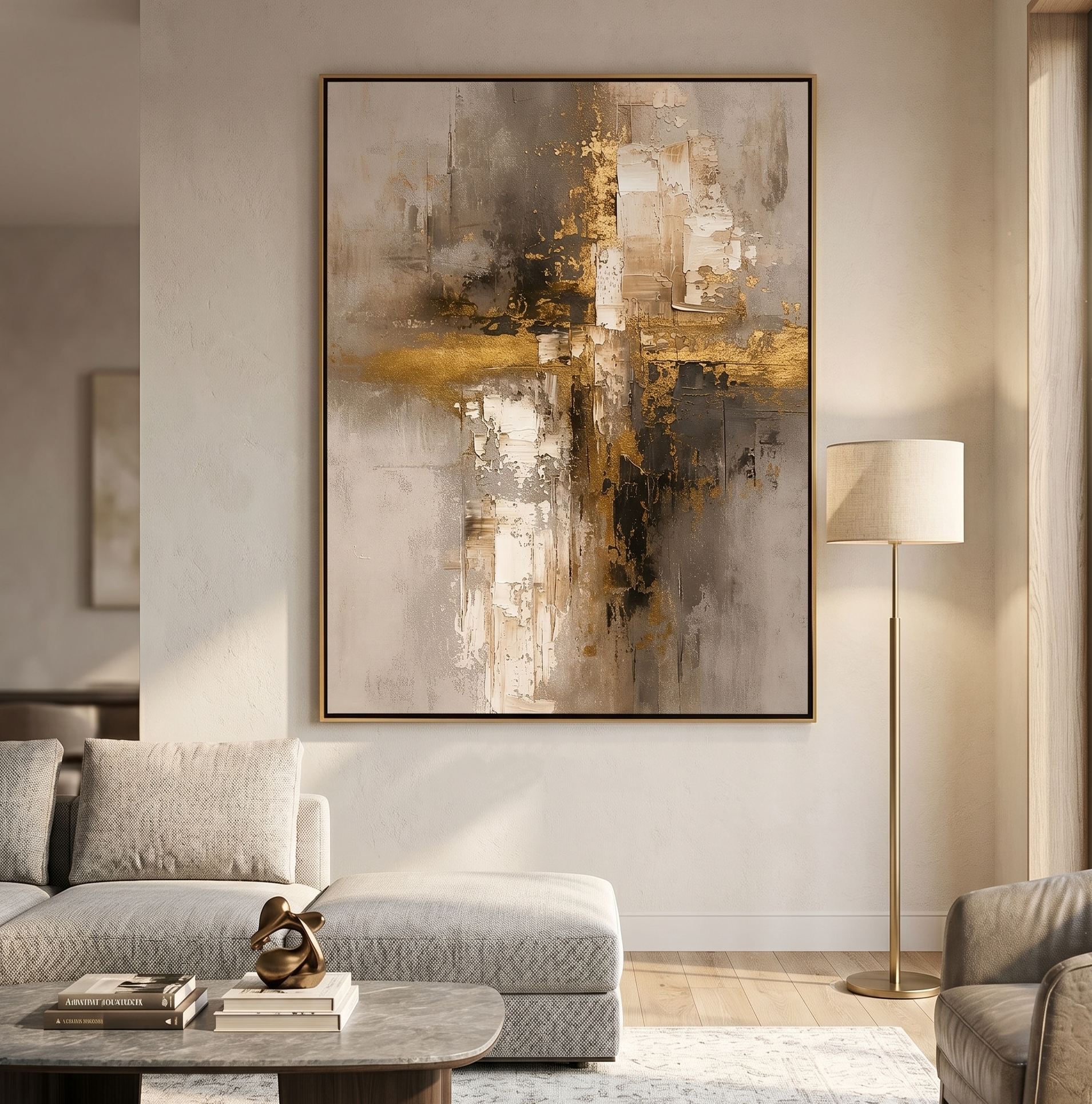 "Gilded Skyline" – Gold Gray Industrial Textured Abstract Painting