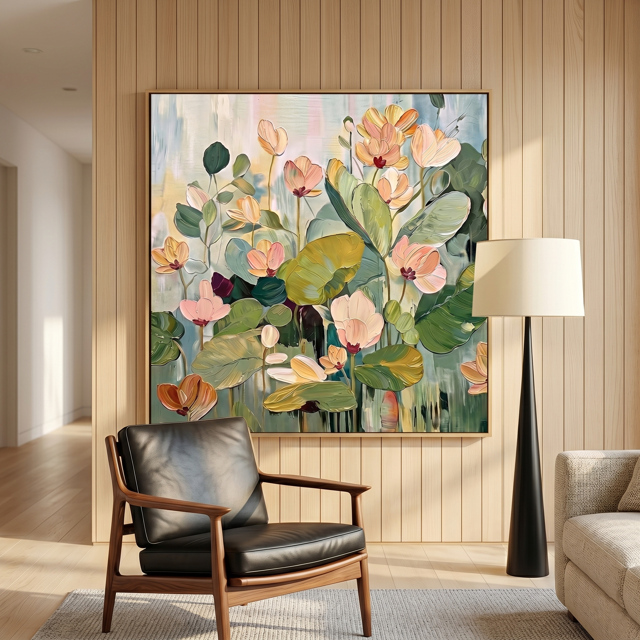 “Blooming Stillness” – Soft Green Lotus Floral Hand-Painted Canvas Art