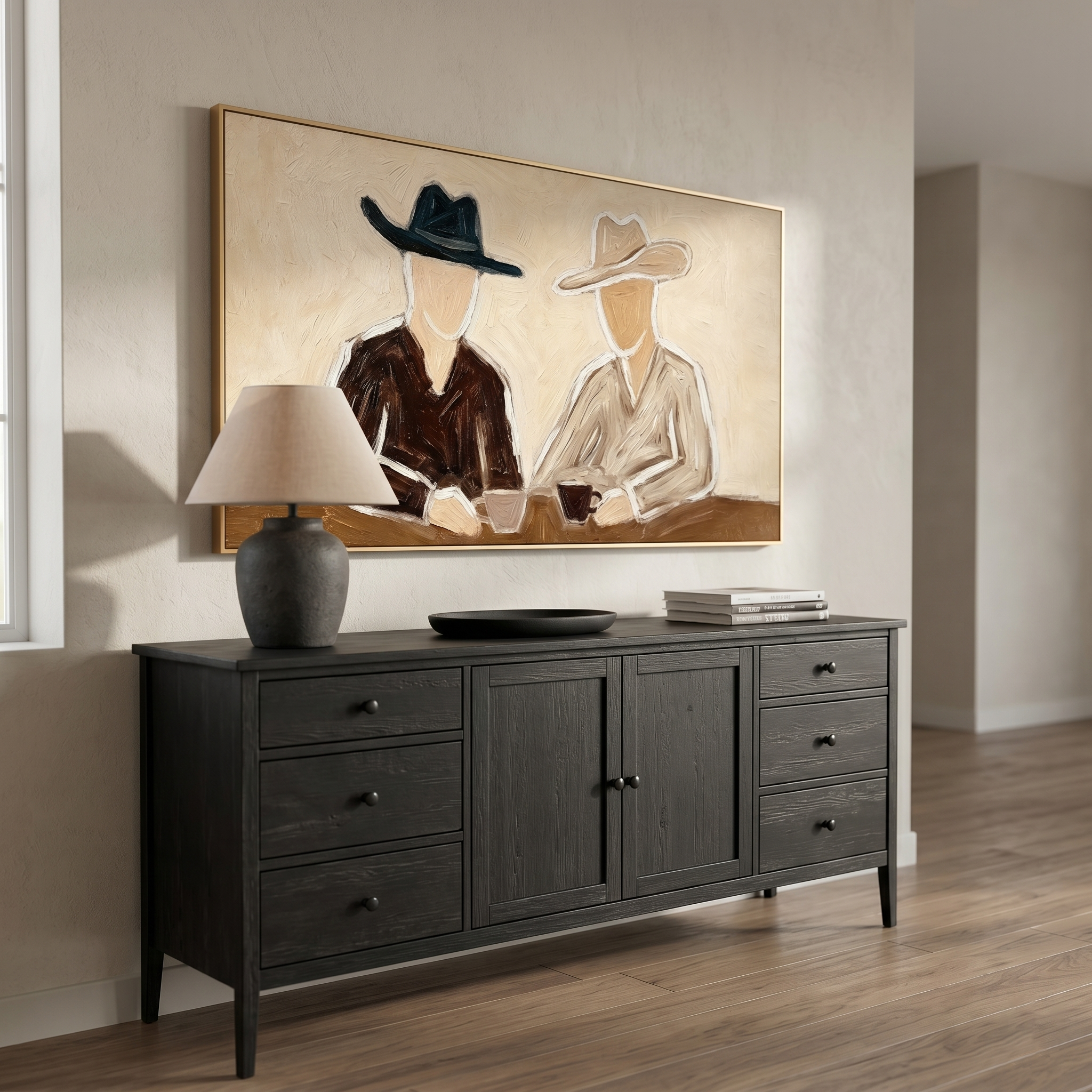 “Coffee at Sundown” – Minimal Western Cowboy Impasto Oil Painting