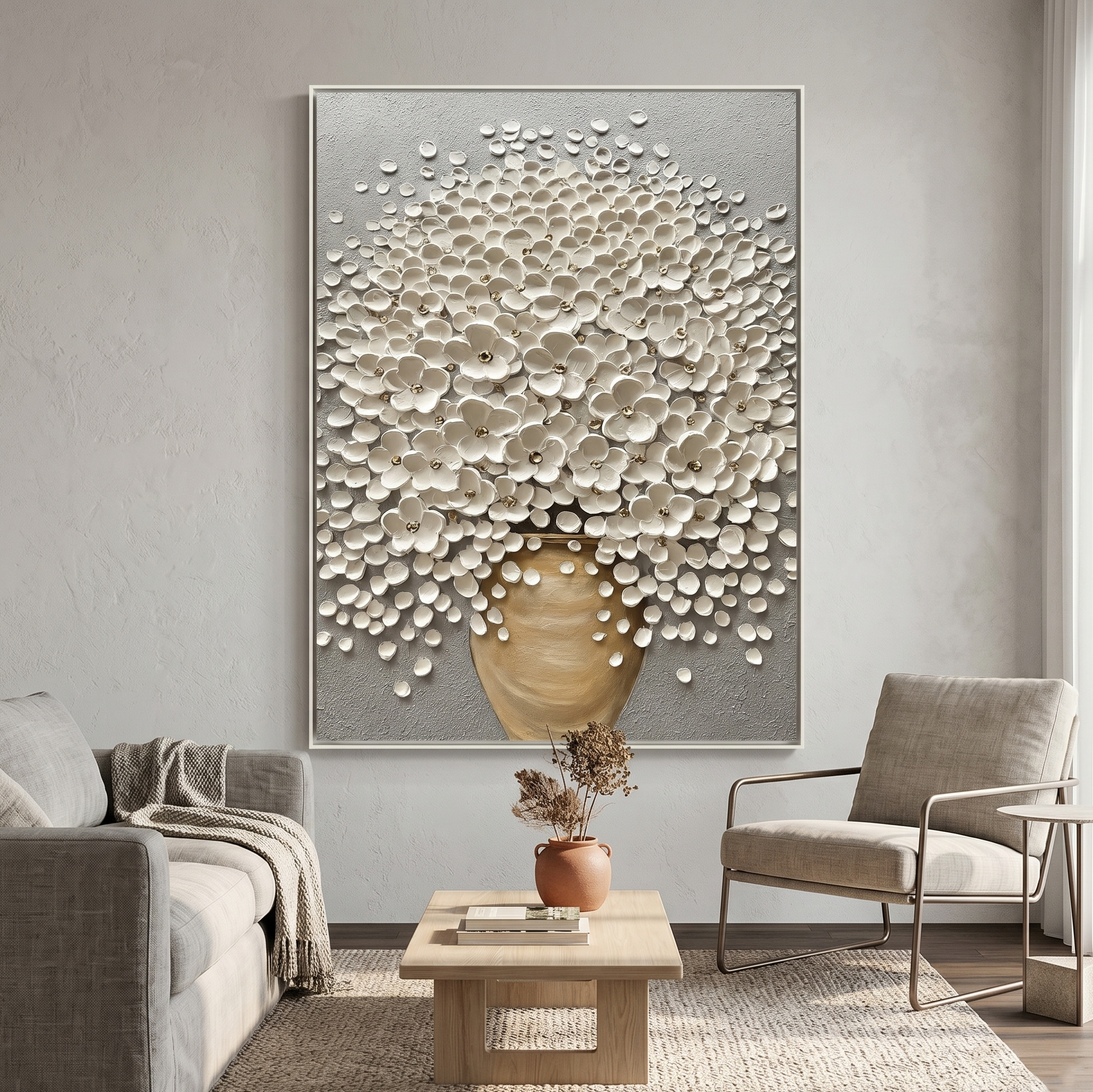 "Ivory Blossom Grace" – White Floral Vase Textured Oil Painting