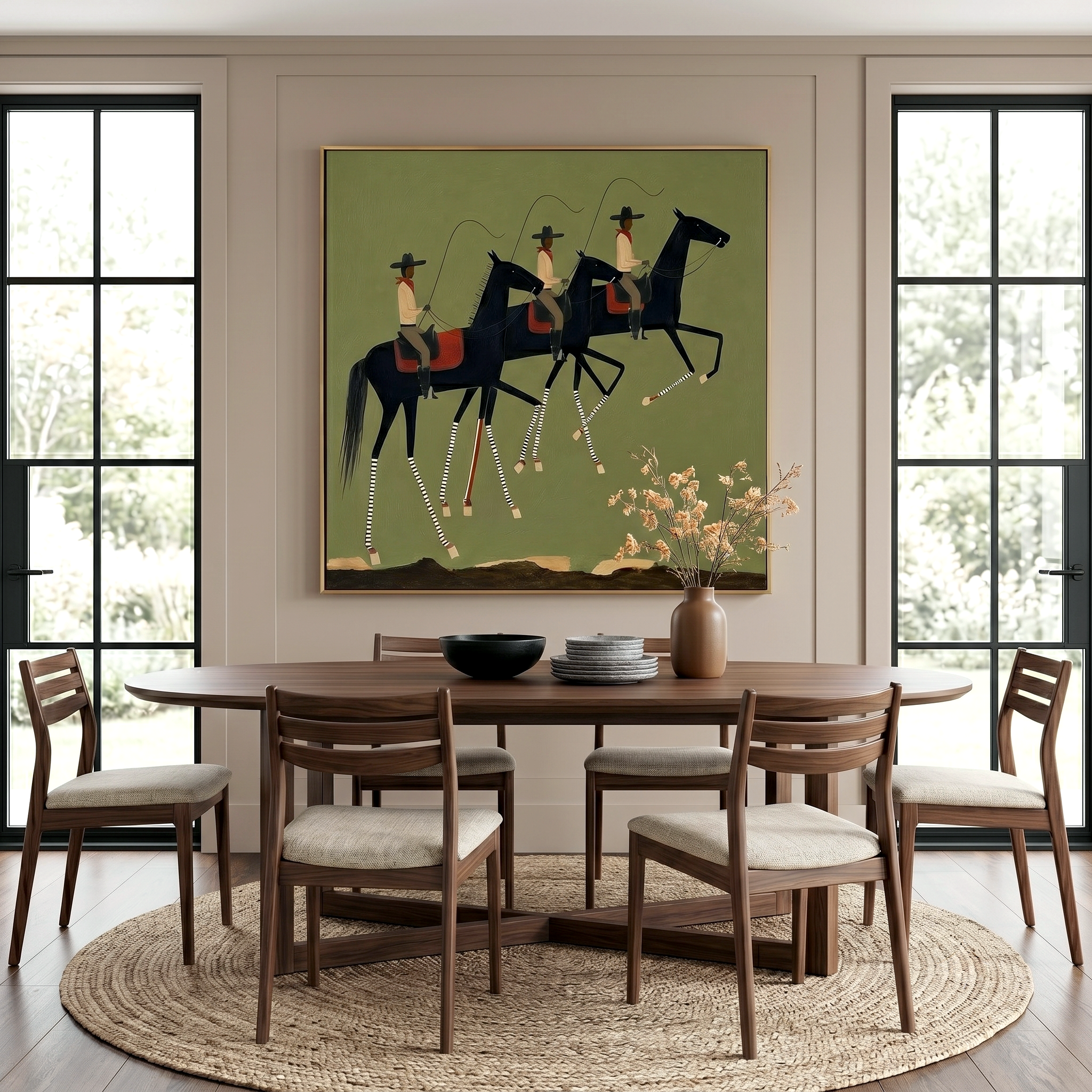 "Riders in Rhythm" – Western Cowboy Horse Parade Oil Painting in Olive Green