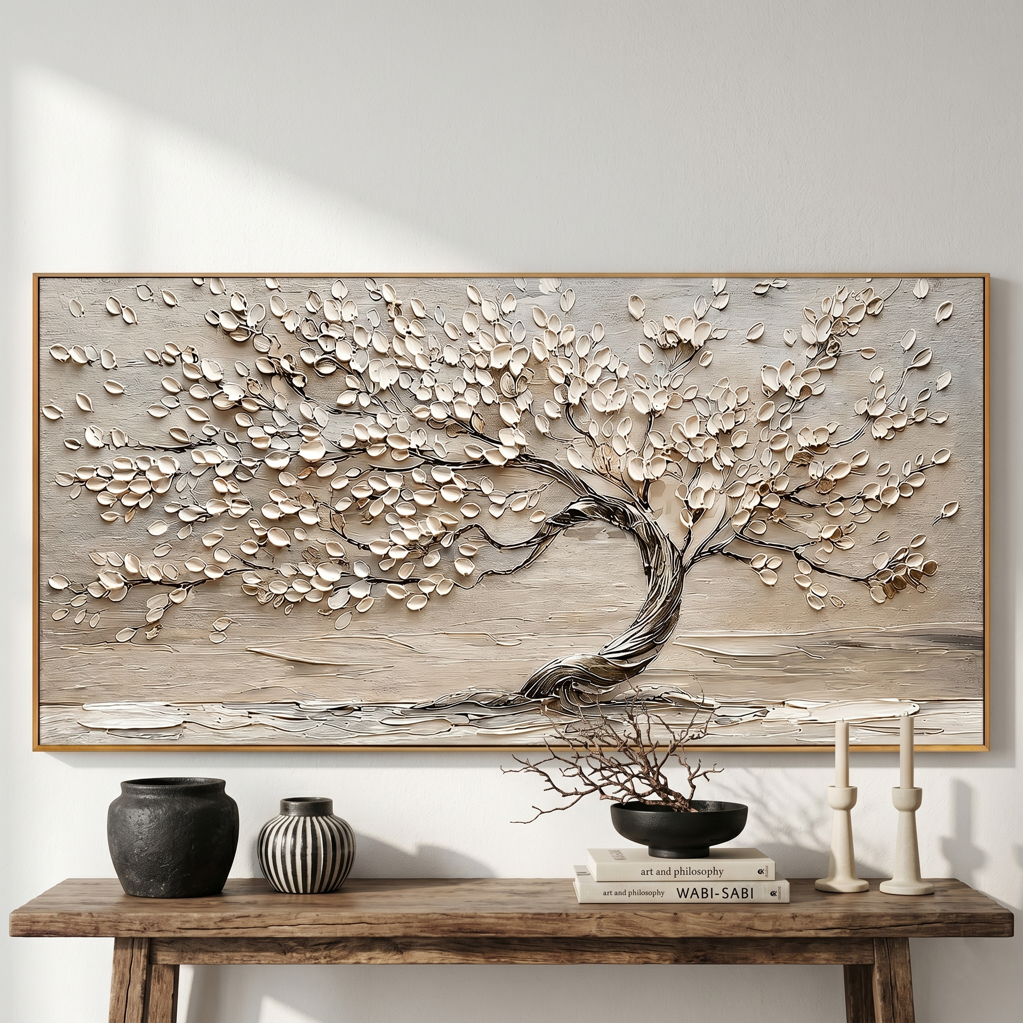 “Whispering Branches” – Wabi-Sabi Beige Tree Panoramic Hand-Painted Canvas Art