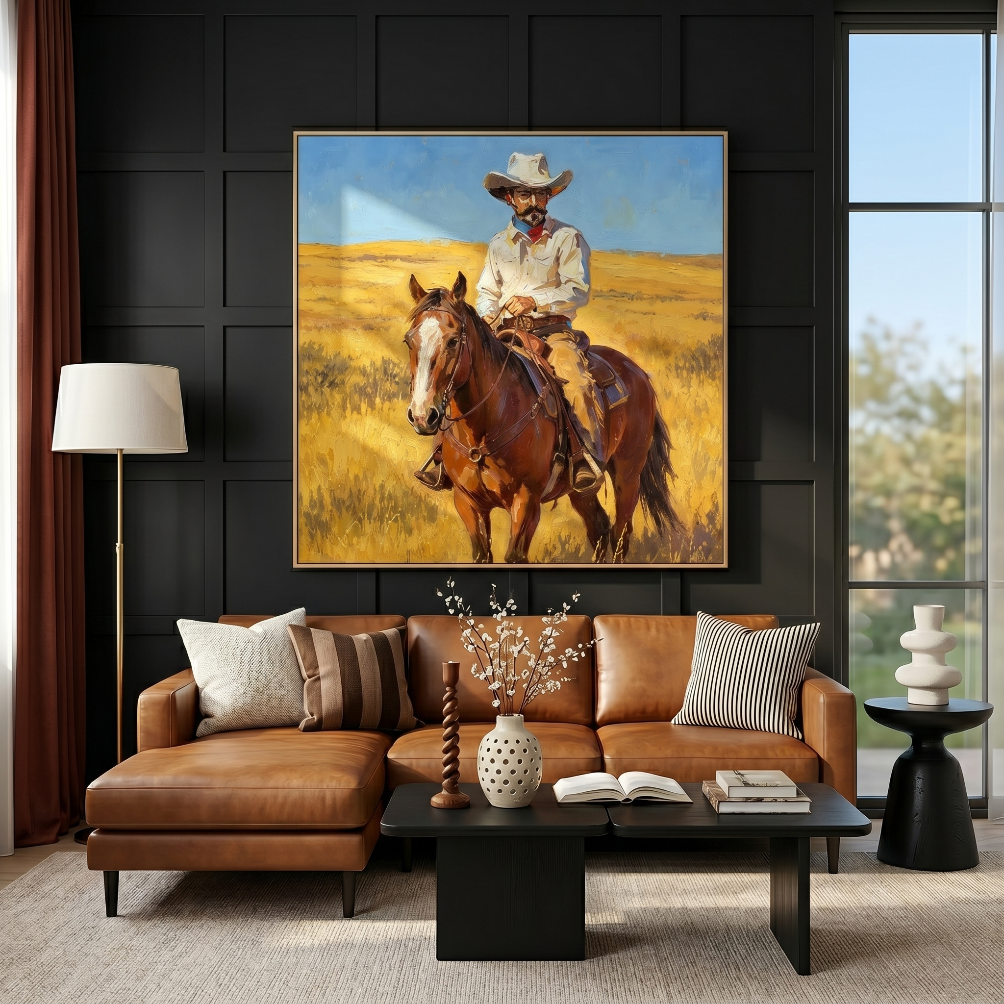 "Prairie Rider" – Western Cowboy Horse Oil Painting in Golden Grassland