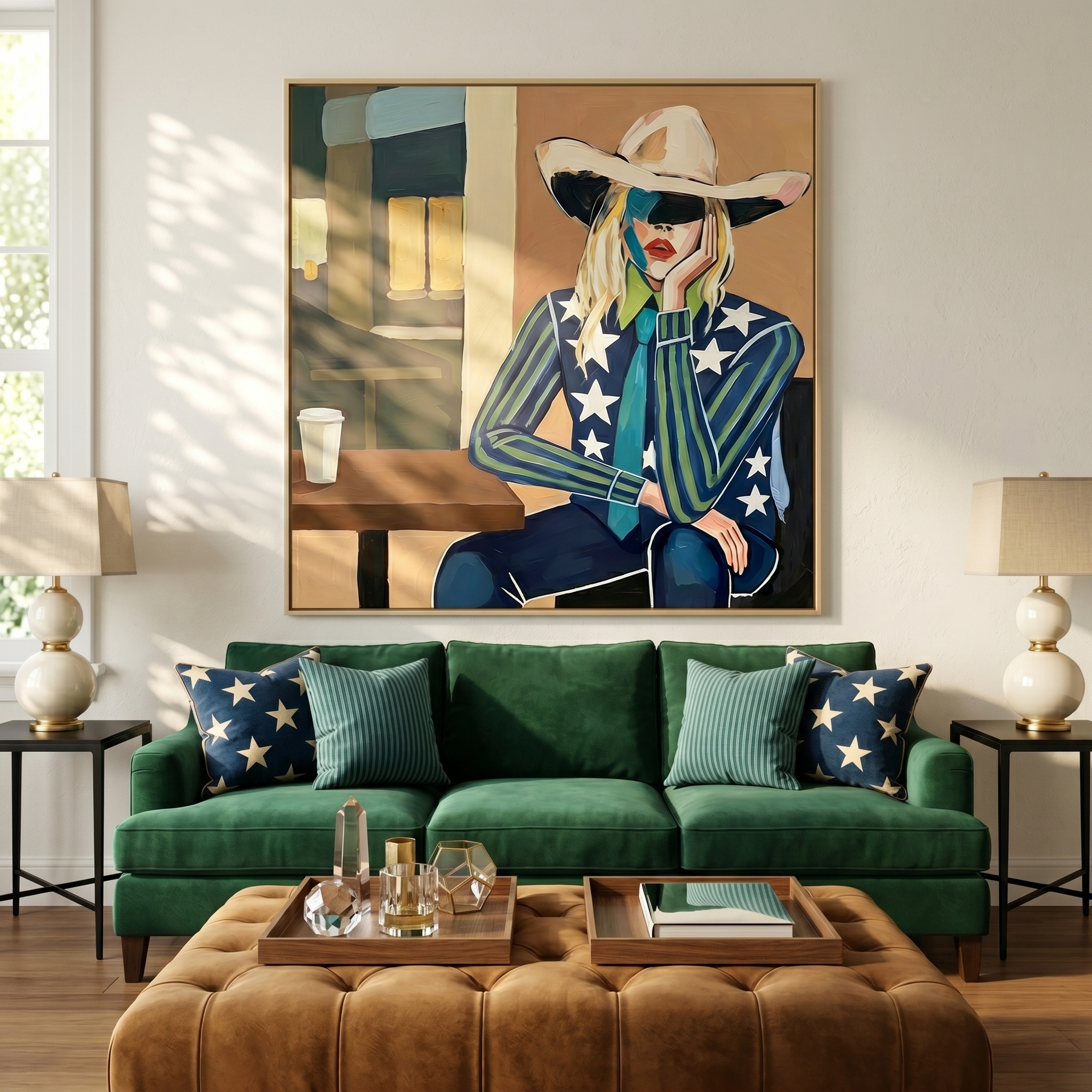 "Urban Cowgirl Muse" – Modern Western Woman Oil Painting in Navy and Teal
