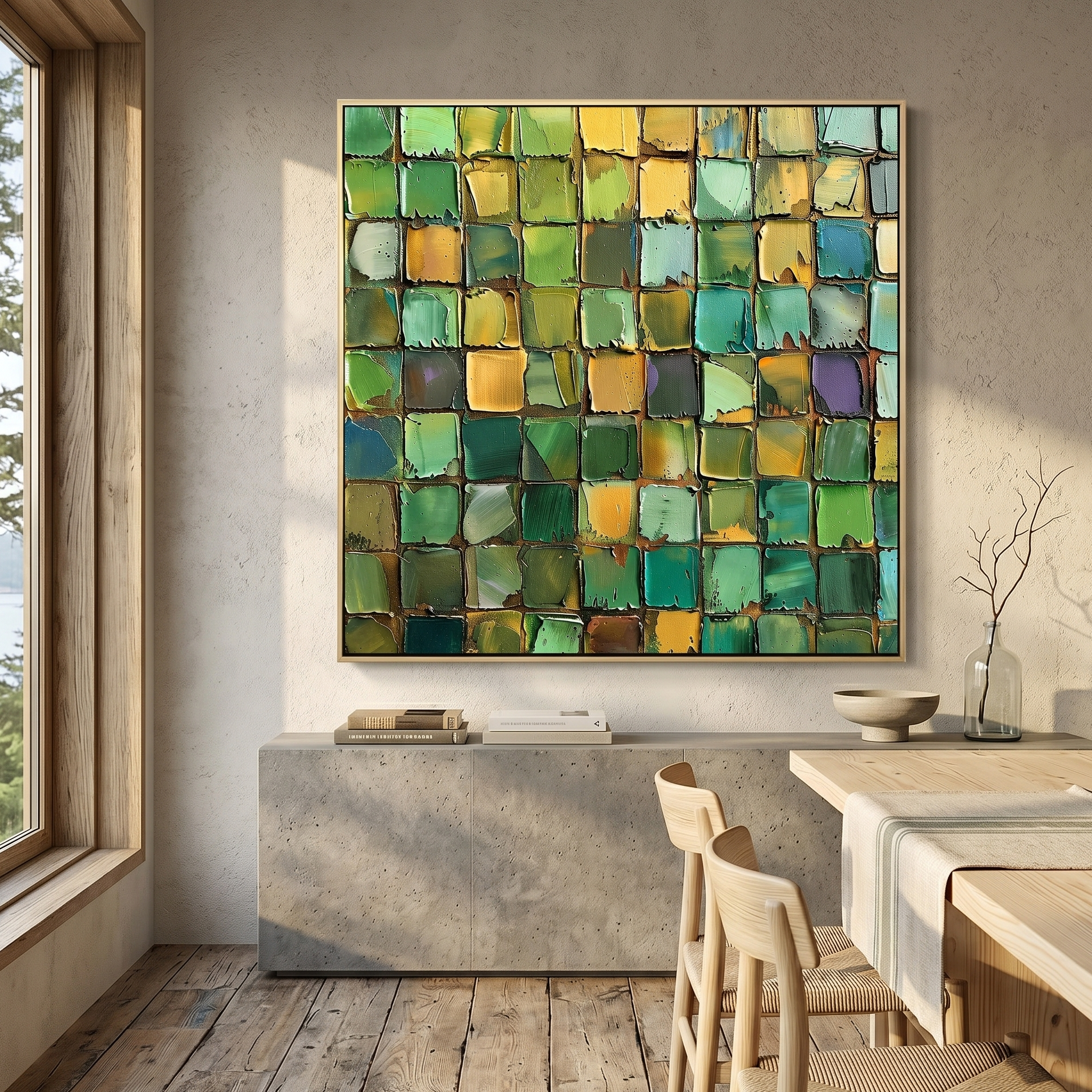 "Verdant Mosaic" – Green Gold Textured Abstract Painting