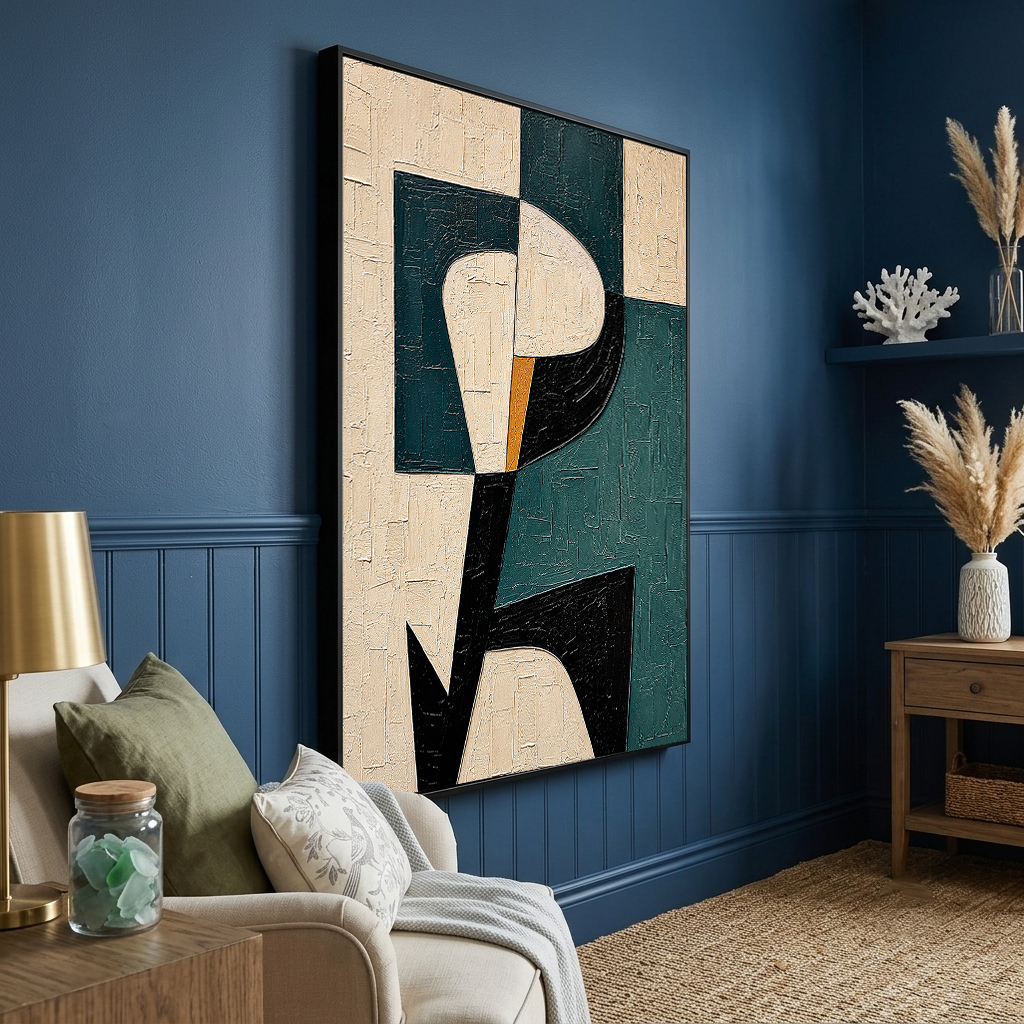"Modern Muse" – Teal Black Geometric Figure Abstract Painting