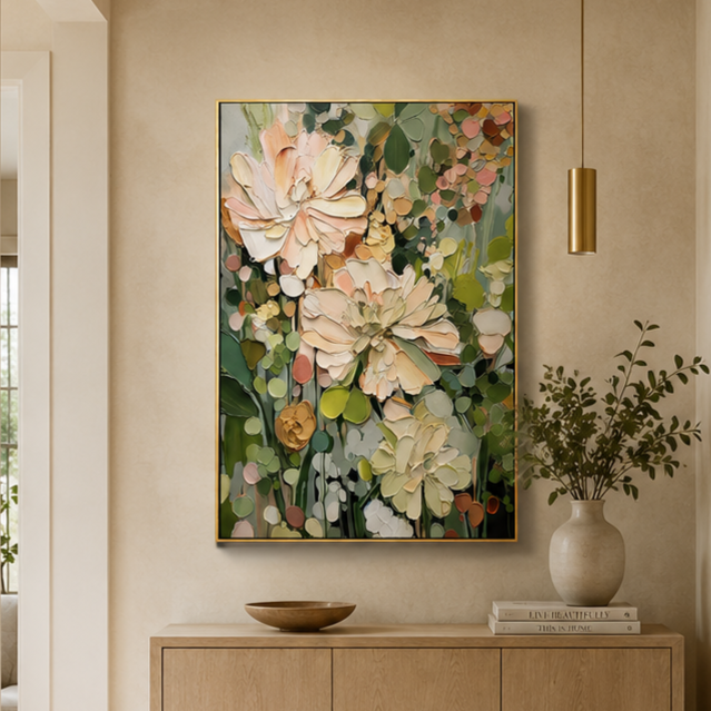 "Blossom Reverie" – Textured Floral Oil Painting in Soft Pink and Green