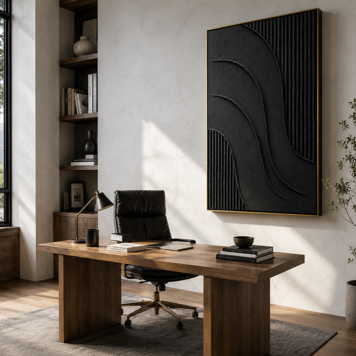 "Noir Current" – Black Wabi Sabi Abstract Textured Wall Art