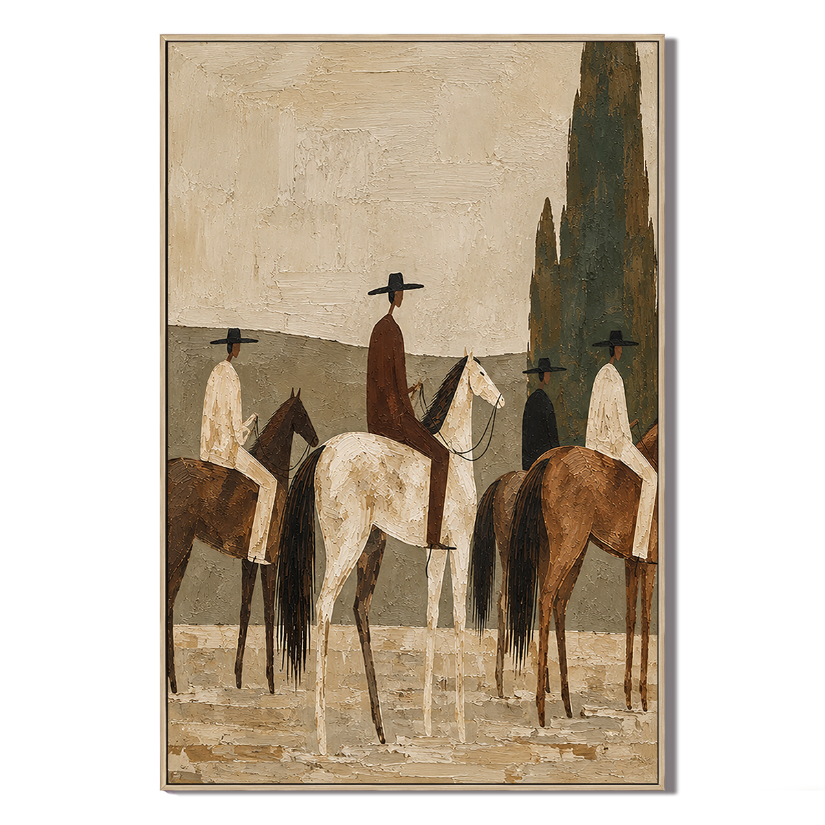 "Silent Pilgrimage" – Earth Tone Minimalist Horsemen Impasto Oil Painting