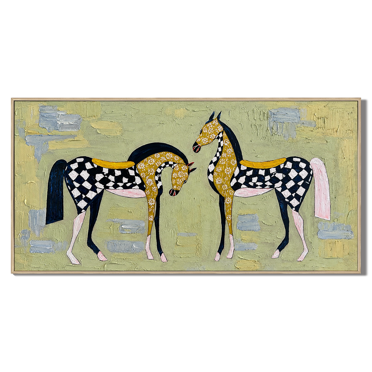 “Checkered Meadow Horses” – Whimsical Folk Horse Impasto Oil Painting