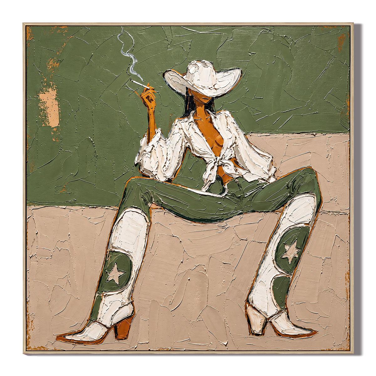 "Desert Rebel" – Sage Green & Beige Textured Cowgirl Impasto Oil Painting