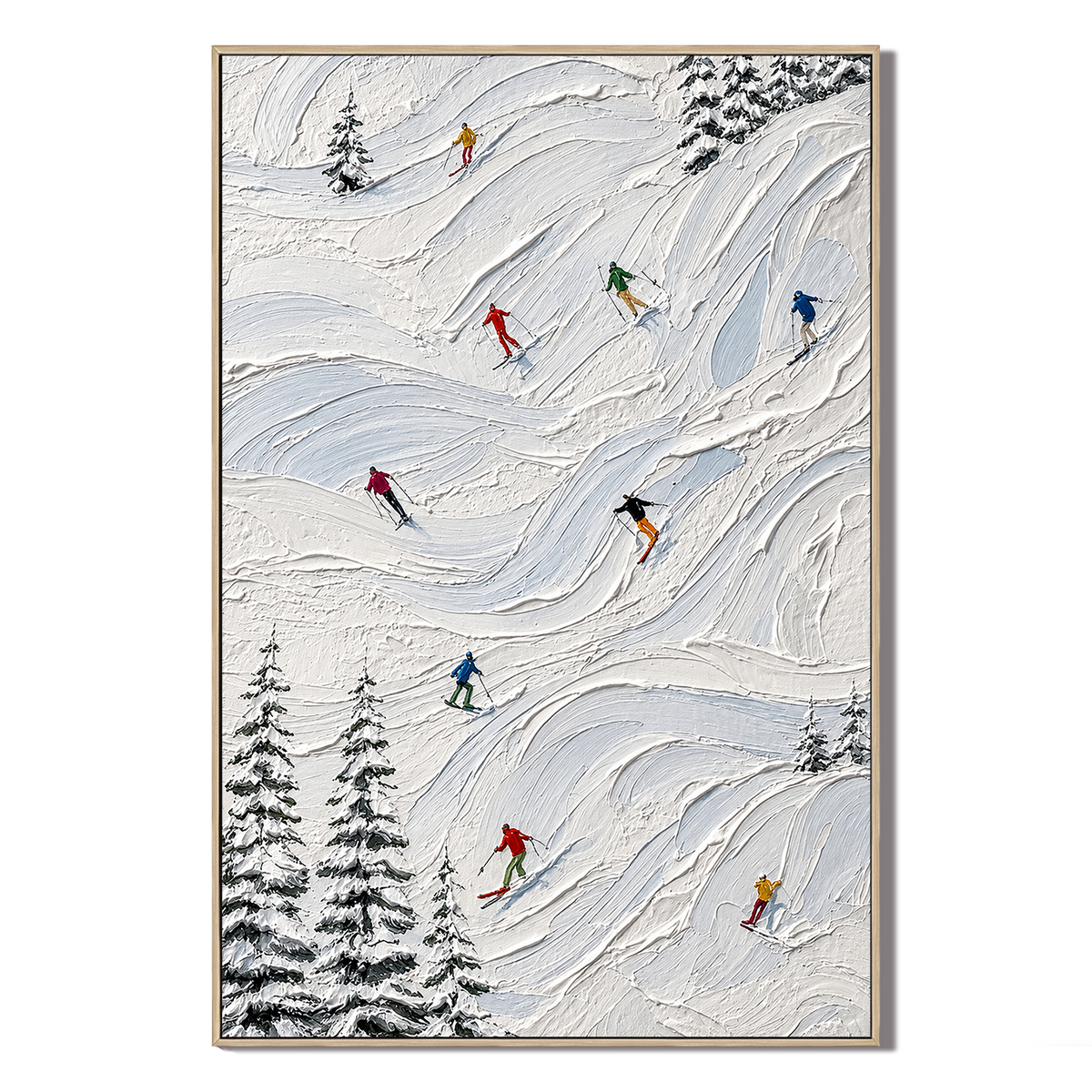"Winter Glide" – Textured Impasto Skiers & Pine Trees Canvas Painting
