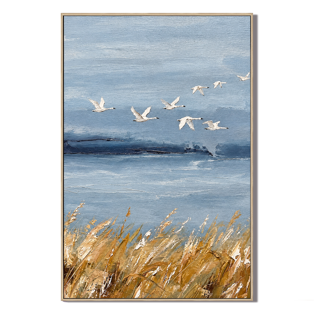 "Wings of Autumn" – Coastal Wild Swans Blue & Gold Textured Acrylic Painting