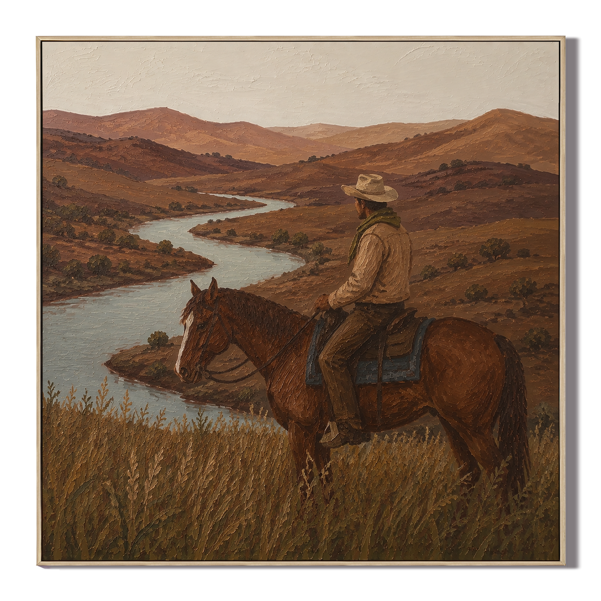 "Echo of the West" – Lone Cowboy on Horseback River Valley Impasto Art