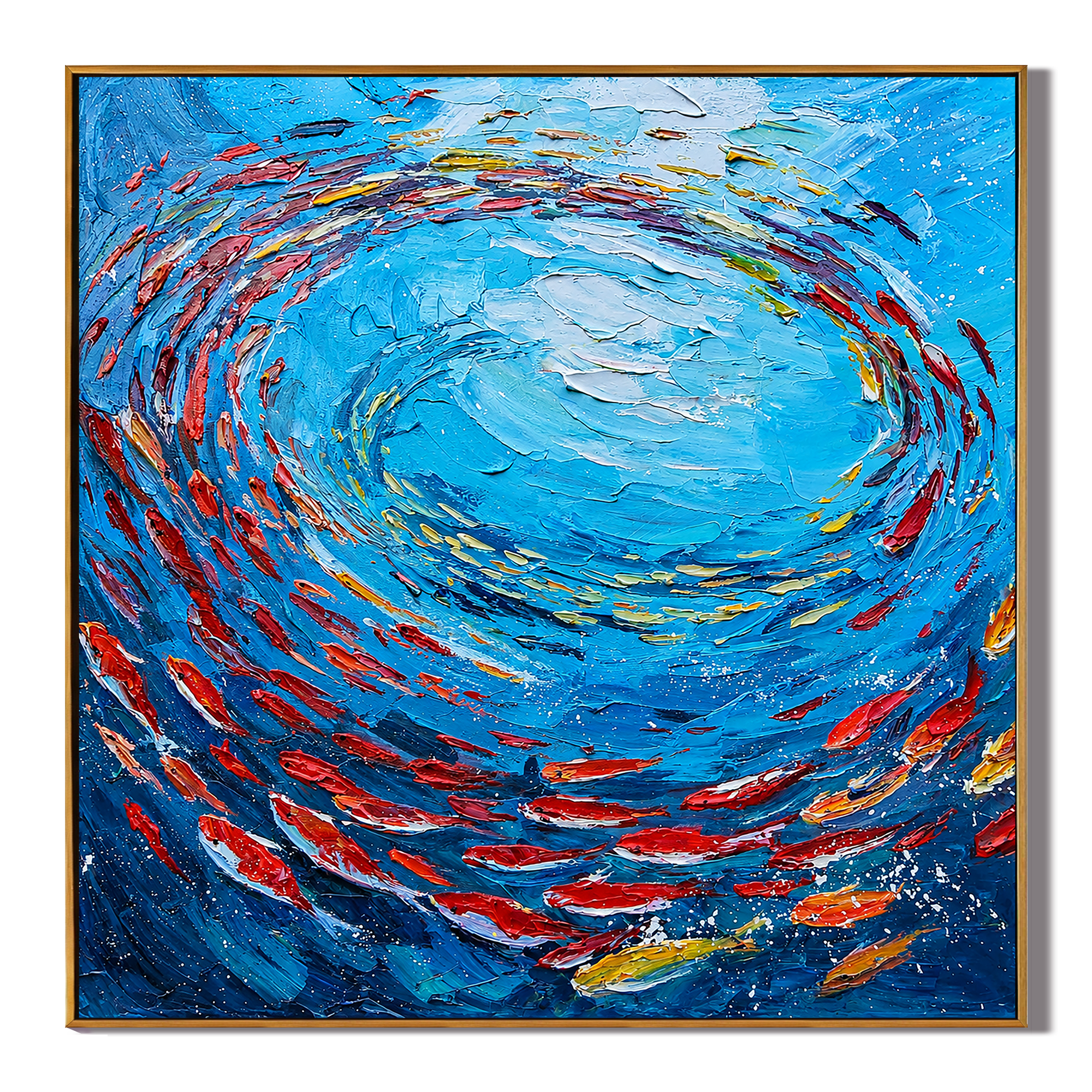 "Circling Abundance" – Blue Fish School Textured Oil Painting