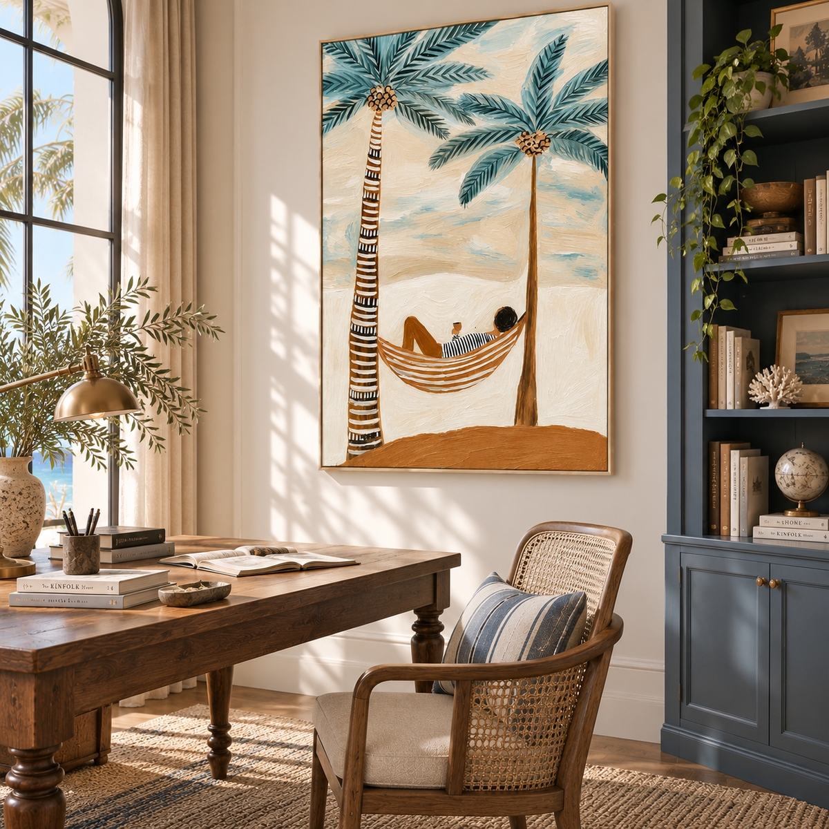 "Island Dream" – Textured Folk Art Style Tropical Palm Tree Hammock Painting